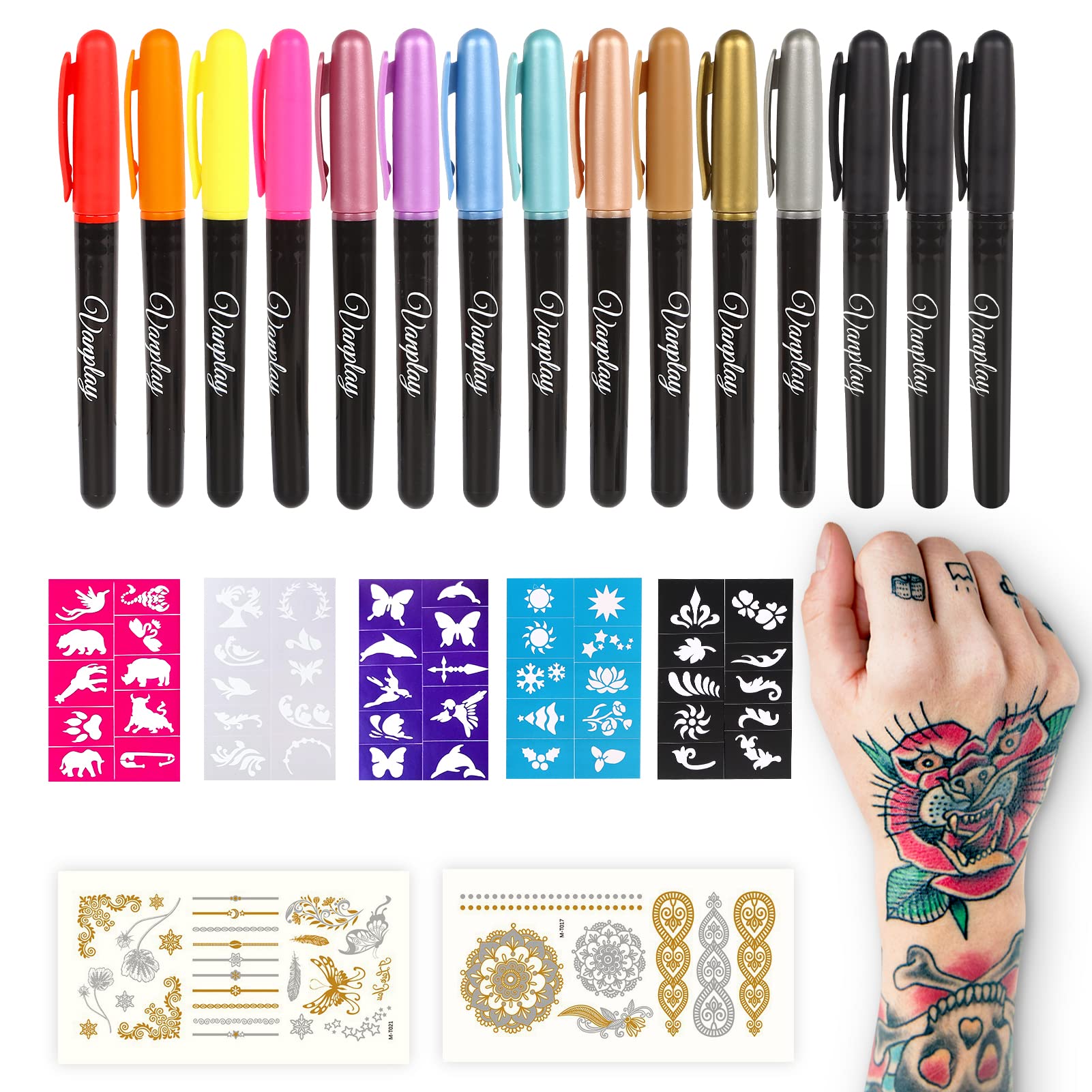 BODYMARK Groovy Pack, Temporary Tattoo Marker for Skin, Premium Brush Tip,  Skin-Safe Temporary Tattoo Markers Set 3-Count Marker Set, 6 Stencil  Designs | Michaels