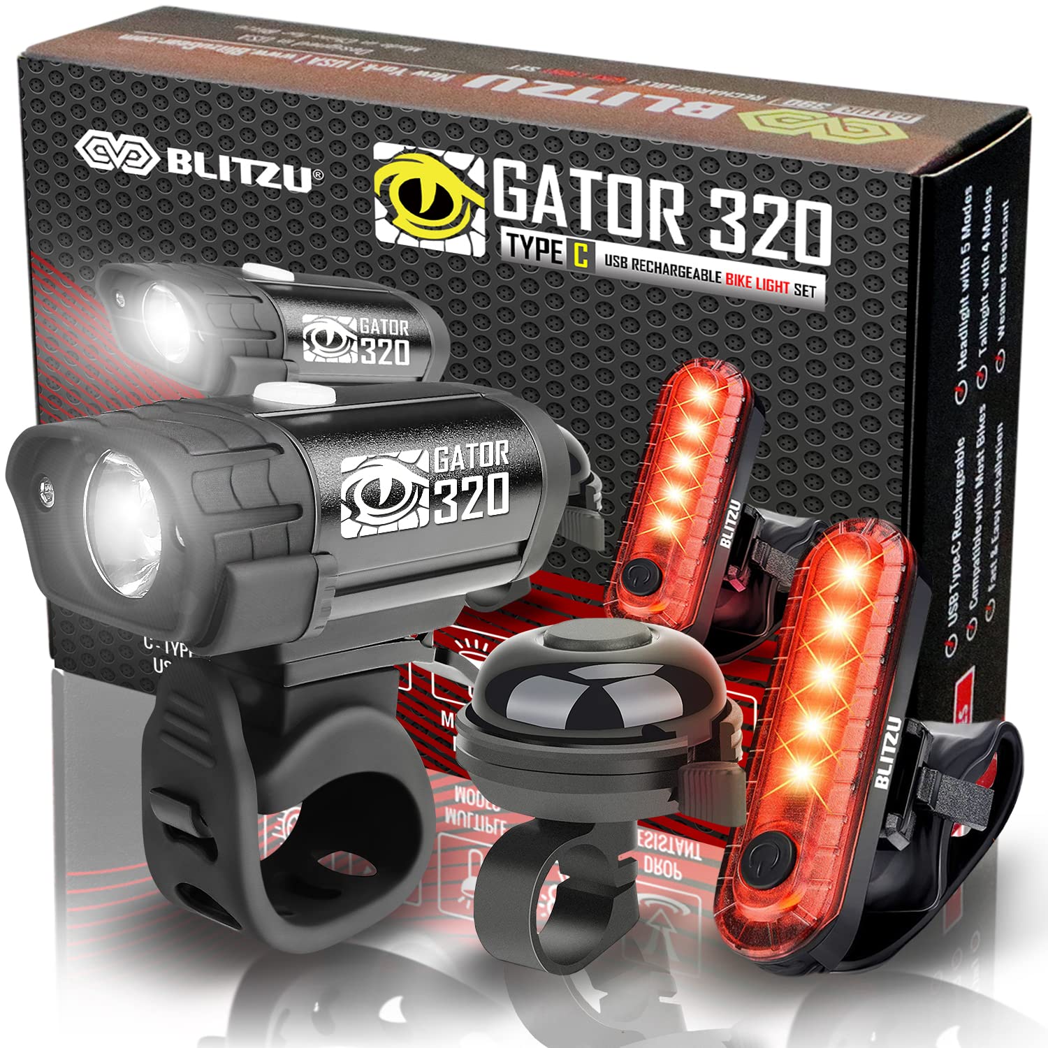 BLITZU 2023 Bike Lights Set with Bell USB C Rechargeable. Bicycle