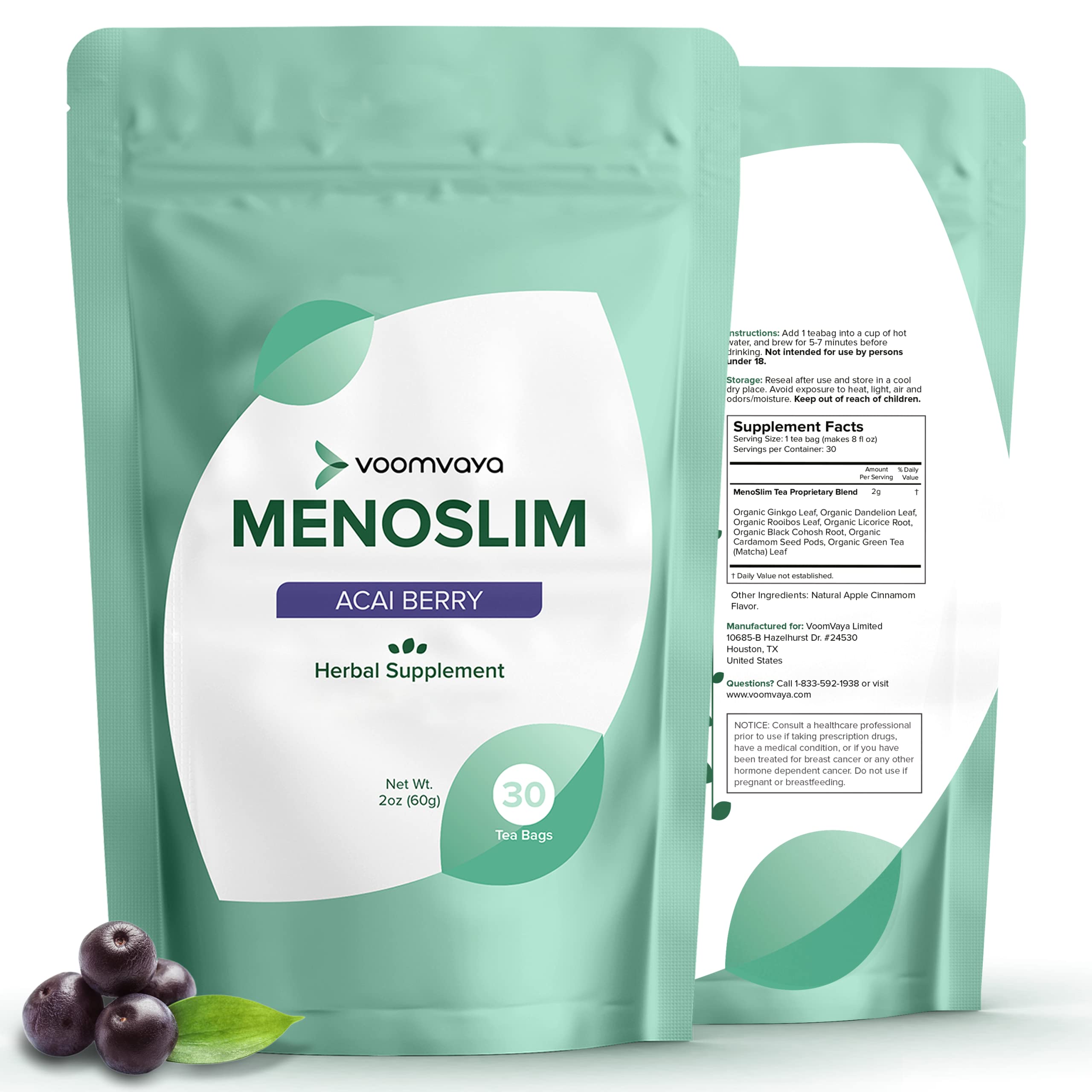 VoomVaya MenoSlim - Menopause Weight Supplement for Women Herbal Tea with  Rooibos Cardamom Black Cohosh Licorice for Hot Flashes Bloating Night Sweat  Relief - 30 Tea Bags - Acai Berry