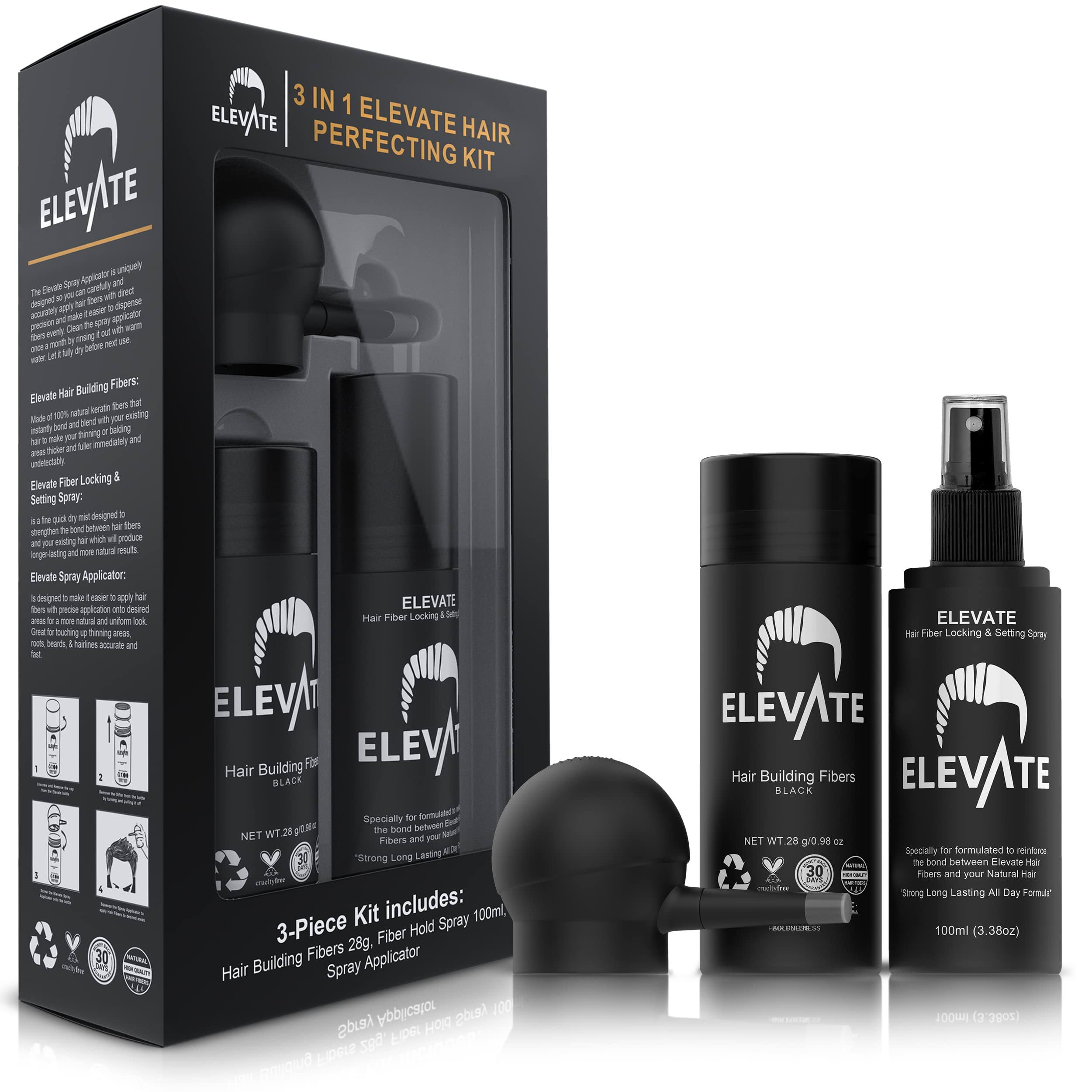 Elevate Hair Perfecting 3 In 1 Kit Set Includes Natural Hair Thickening Fibers And Spray 0411