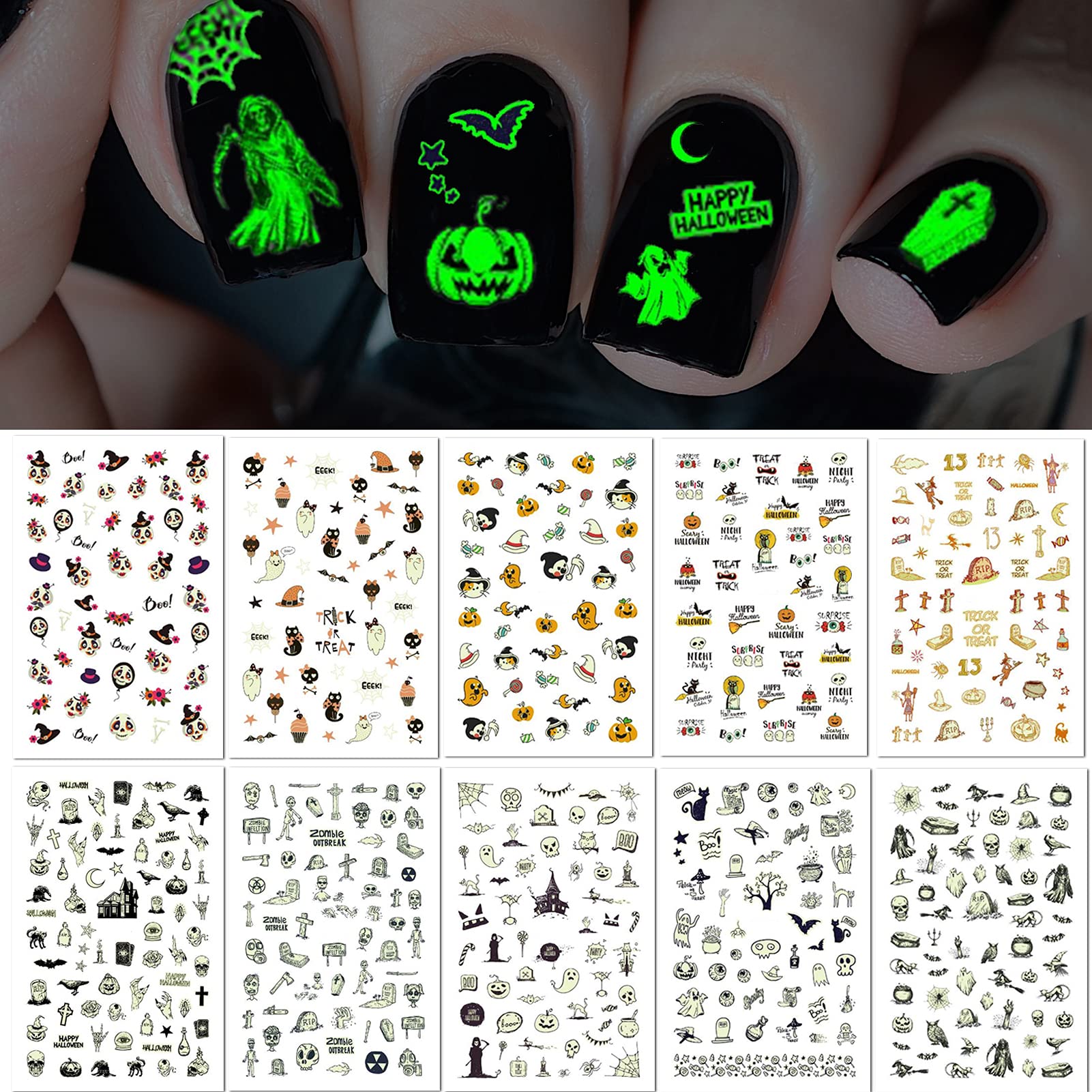 Designer Glow in the Dark Nail Stickers Set（6 Sheets）