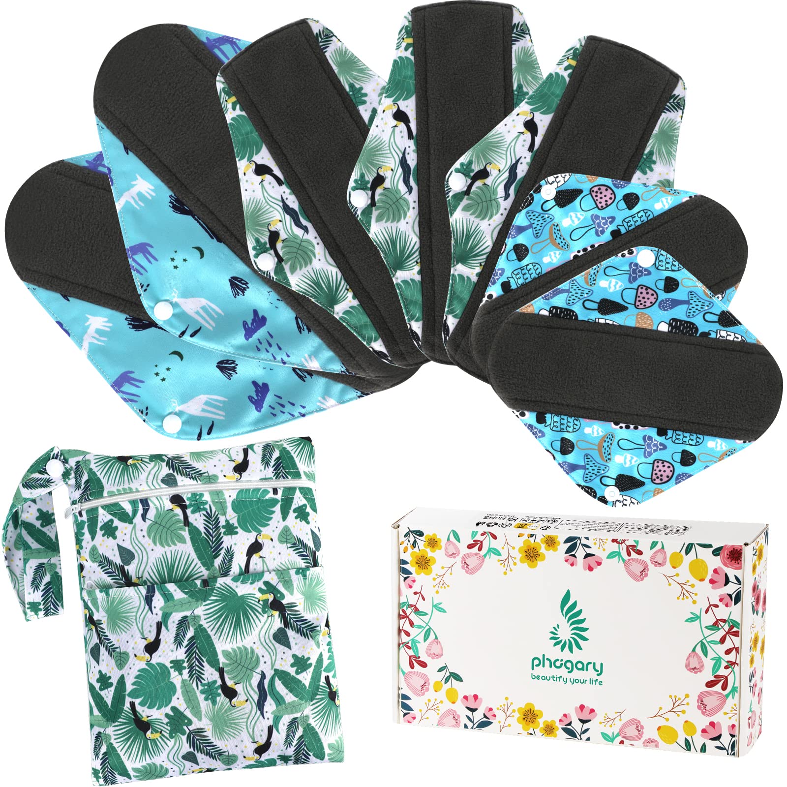 7 in 1 Reusable Menstrual Pads，7 PCs Sanitary Pad Set with Wings Waterproof  Washable Sanitary Menstrual Cloth Pads Panty Liners for Women