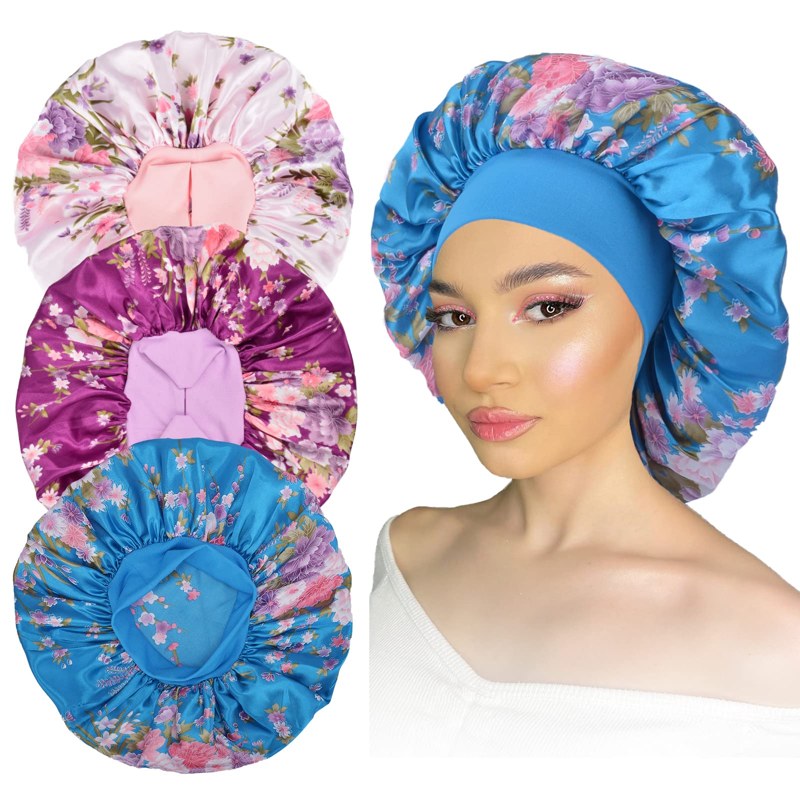 Silk Hair Bonnet 3 Pack Large Satin Bonnets for Black Women Silk Sleeping  Cap for Natural Curly Hair (X-Large Purple-Pink-Blue) X-Large  Purple-Pink-Blue