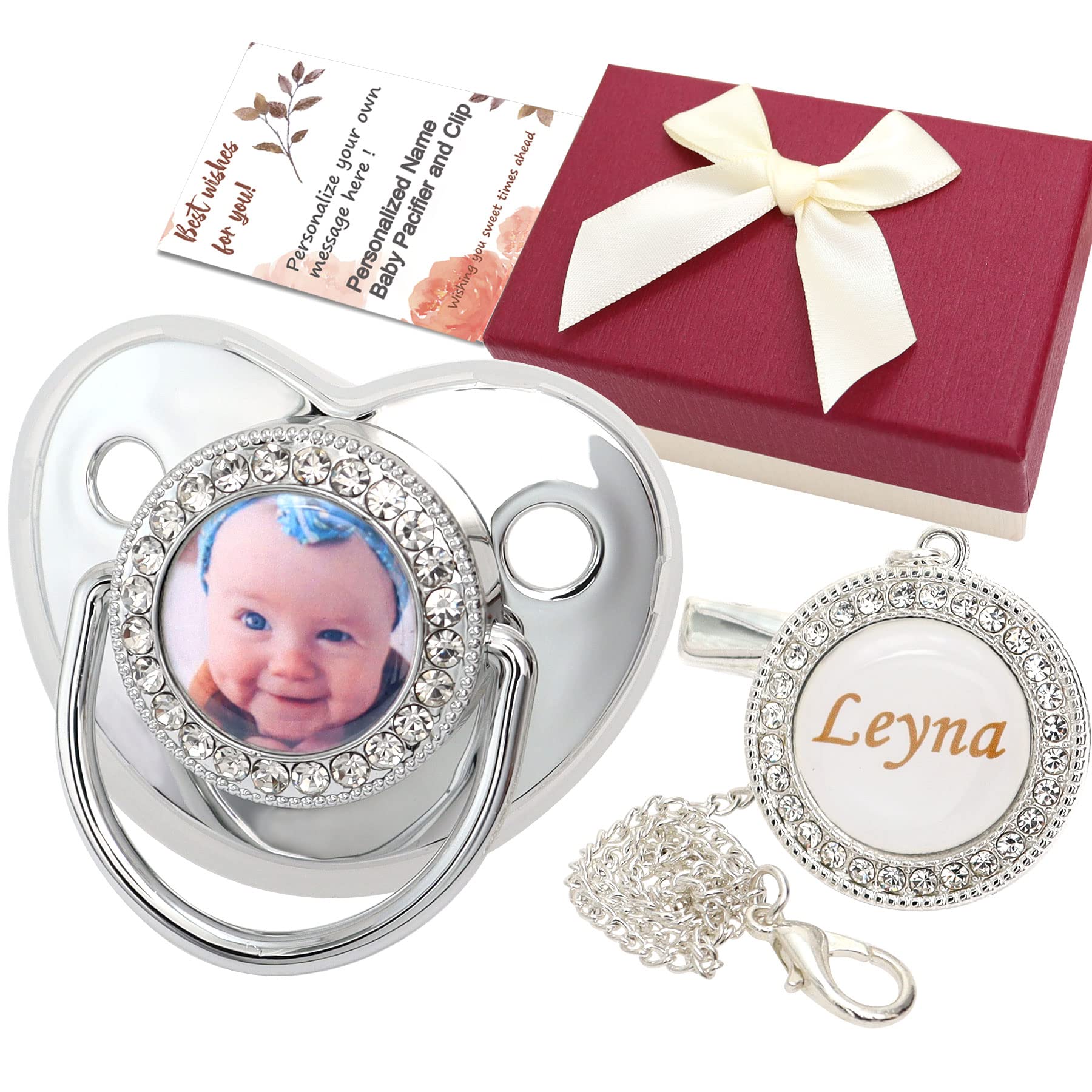 Personalized Pacifier and Pacifier Clip with Name and Photo Bling