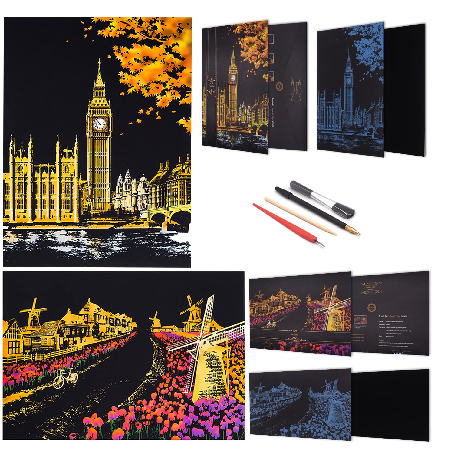 Rainbow Scratch Painting Paper By BOTEEN,City Series Night Scene,Scratch  Painting Creative Gift,Scratchboard for Adult and Kids,with 4  Tools,Size:16''x11'' (Dutch Windmill,Big Ben)