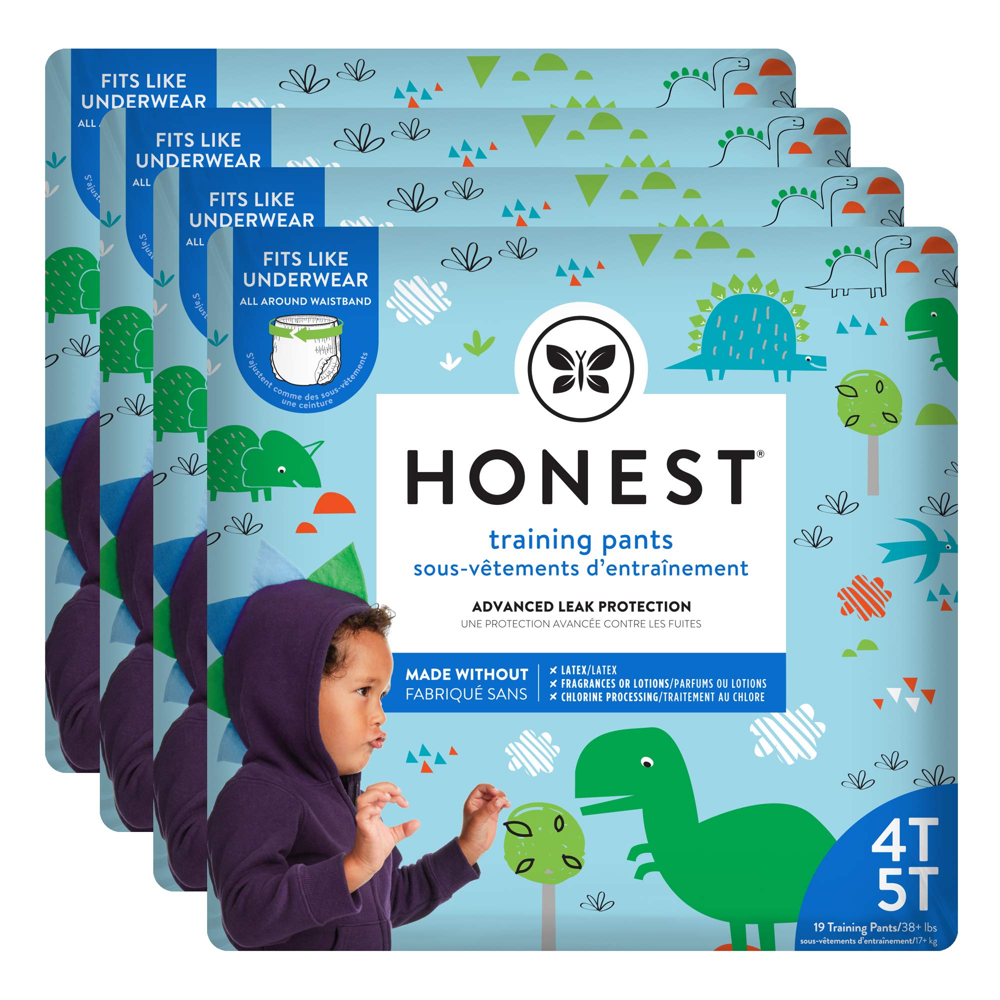The Honest Company Toddler Training Pants, Dinosaurs, 4T/5T, 76 Count,  Eco-Friendly, Underwear-Like Fit, Stretchy Waistband & Tearaway Sides,  Perfect for Potty Training 4T-5T (76 Count) Dinosaurs