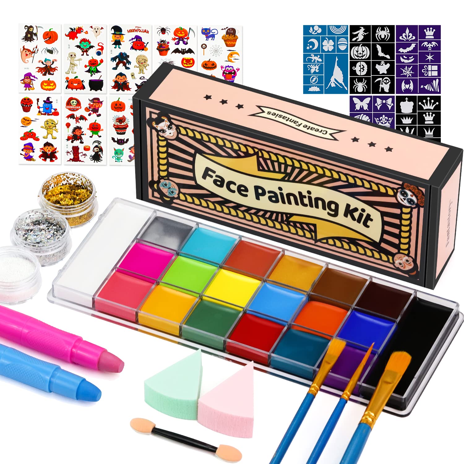 Fantastory Face Paint Kit 158pcs, 20 Colors, Halloween Ultimate Face  Painting Kit with Glitters, Stencils, Hair Chalks, Tatto Stickers, Foam  Applicator, Brushes, Sponges, Guide, Professional Halloween Body Facepaints  Water Based Artist Makeup
