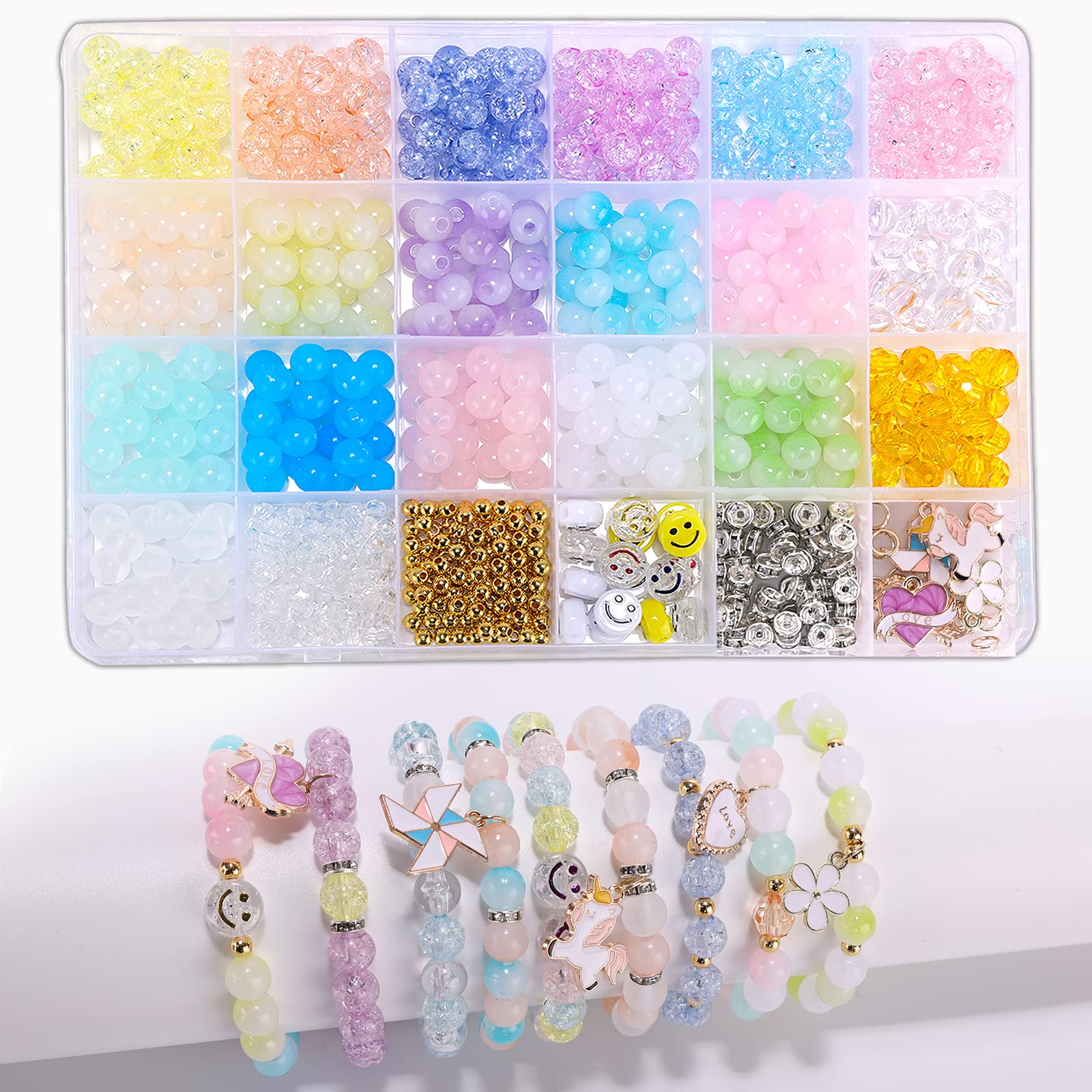 Glass Beads Bracelet Making Kit for Young Girls Women Adult,Two-color  Transparent Gradient Glass Beads Unicorn,Jewelry Making Kit for Girl Gift