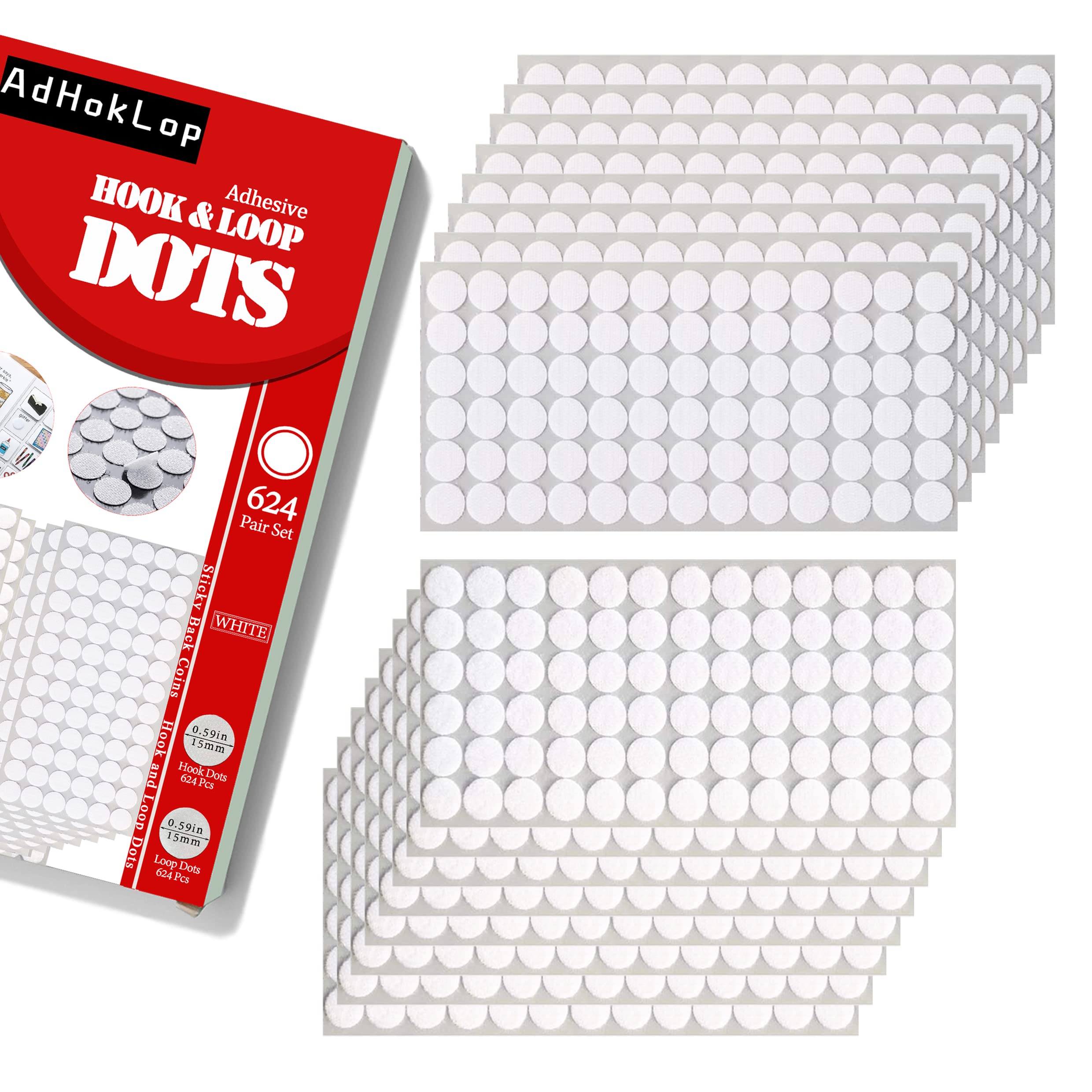 Adhoklop 1248 Pcs (624 Pairs) Dots with Adhesive 0.59 Inch Diameter Hook  and Loop Nylon Sticky Back Coins Adhesive Strips Fastener Round Tapes for  School Classroom Teacher Supplies (White)