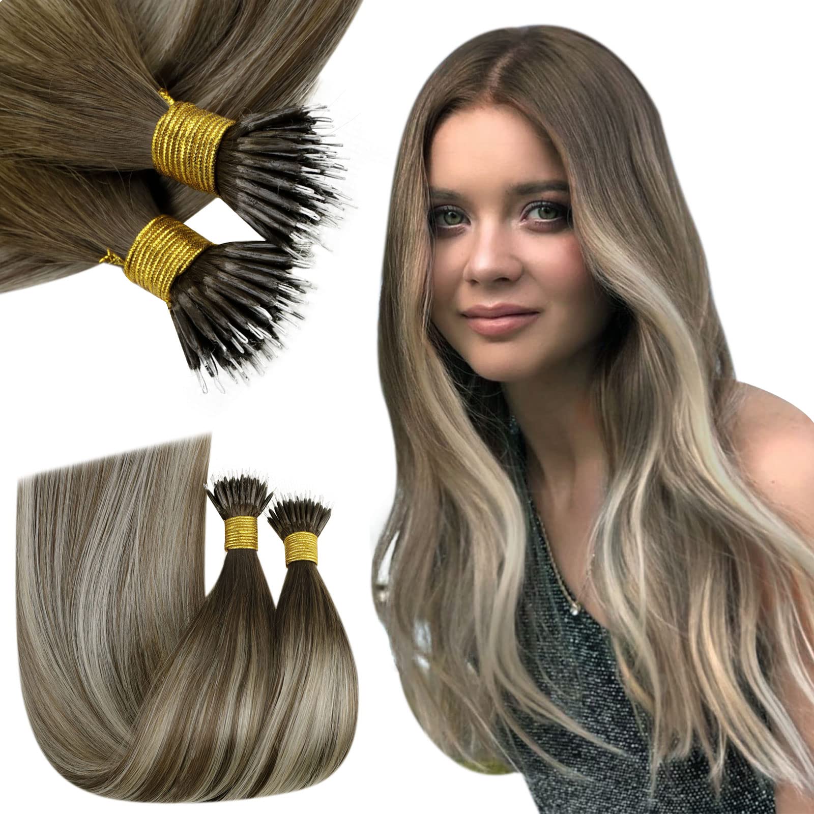 RUNATURE Micro Bead Extensões de Cabelo Cabelo Humano Loira Balayage