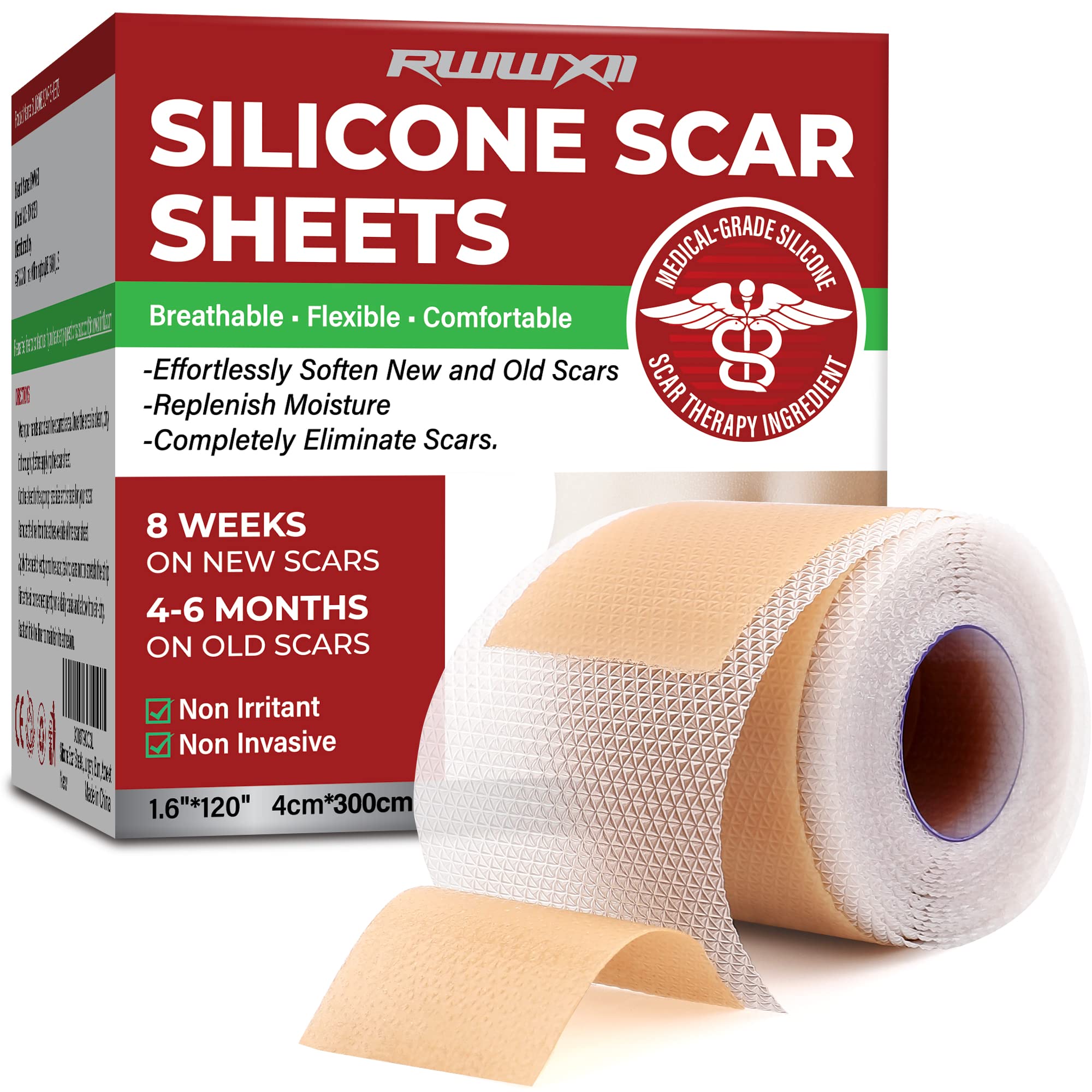 Silicone Scar Tape Roll Reusable Scar Removal Sheets Strips for C-Section, Surgery, Burn, Keloid, Acne et (1.6 x 120Roll-3M), Size: 4, 4 cm*3M