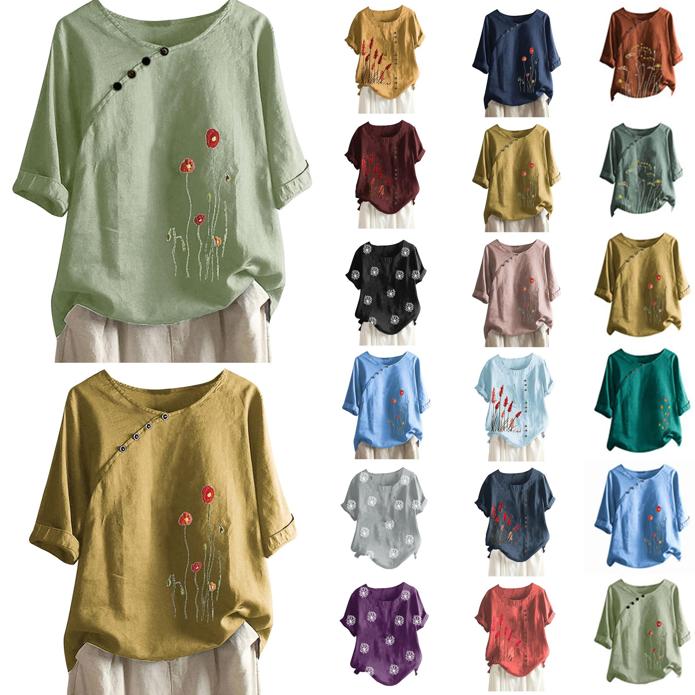 Iuhan Plus Size Tops for Women Dressy Casual Summer Linen Tops for Women  Crewneck Short Sleeve Floral Cotton Linen Shirt A2# Mint Green Cotton Tops  for Women 3X-Large