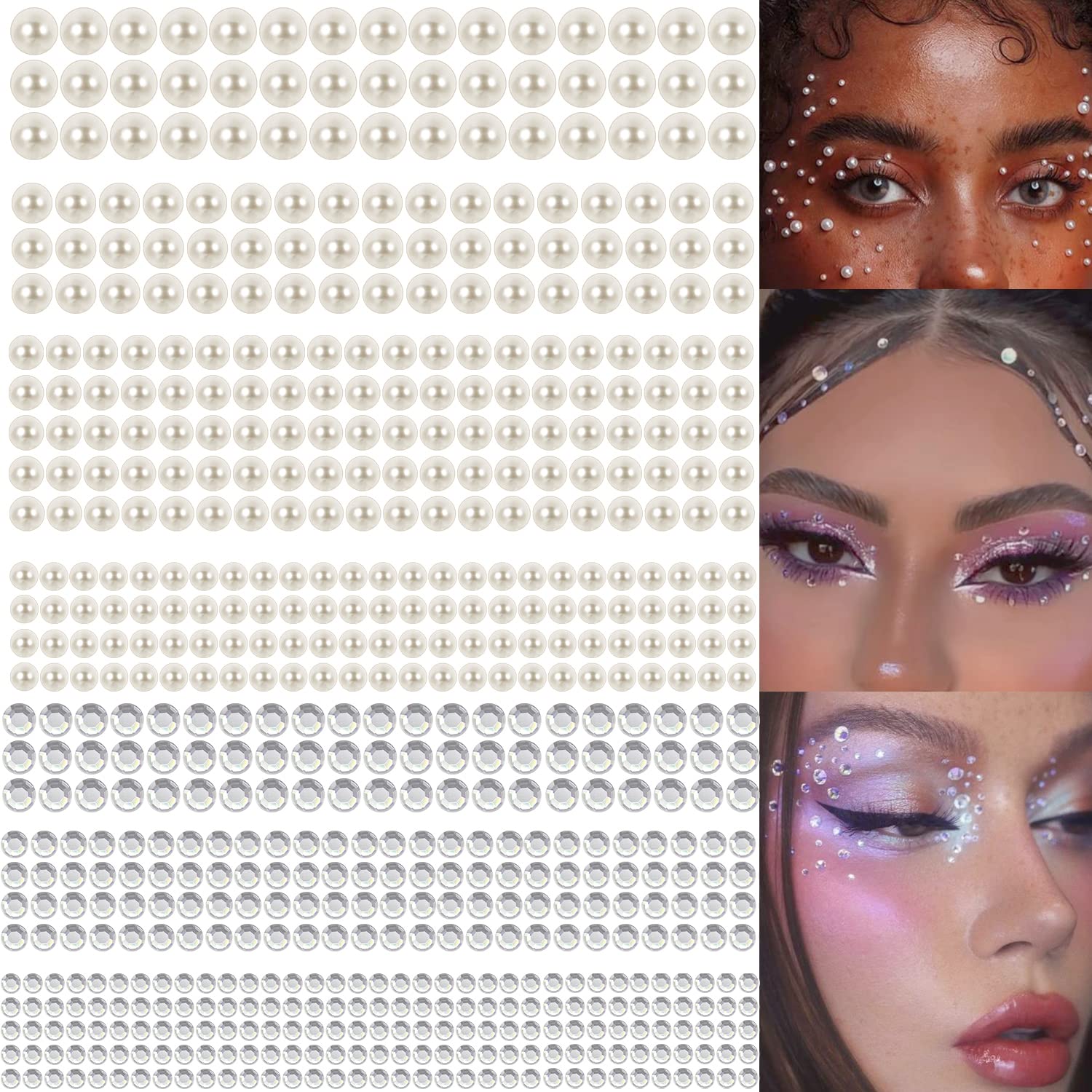 4368 PCS Self Adhesive White Pearl Stickers Clear Rhinestones Stickers Flat  Back Bling Gems Jewels Stickers for Makeup Face Eye Hair DIY Vintage