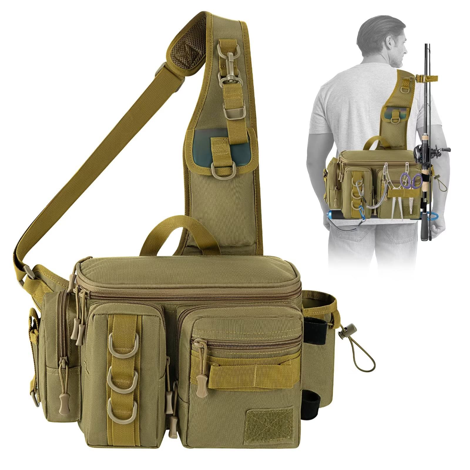 Fishing Tackle Bag Rod Holder Carry Case Bag Chest Pack For Men Women  Hiking S Size Khaki