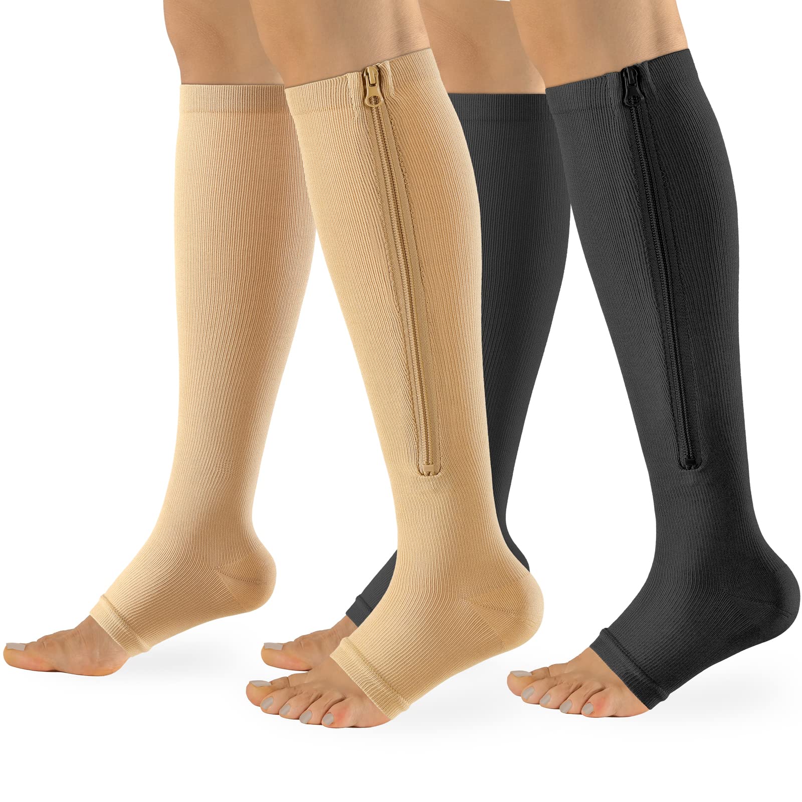 Zipper Compression Socks For Women And Men Open Toe 15-20mmhg