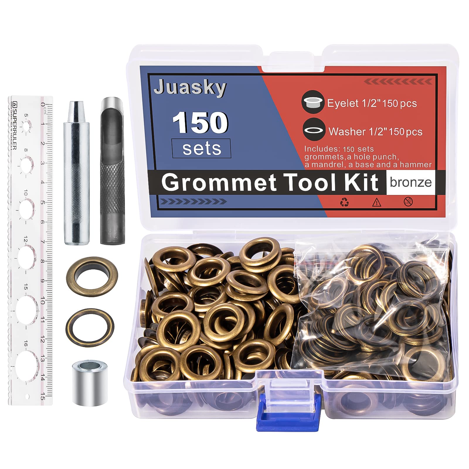 Generic 150Pcs 1/2 Inch Grommet Tool Kit, Leather Hole Punch Pliers,  Grommets Kit with 150 Metal Eyelets in Silver for Leather, Shoes