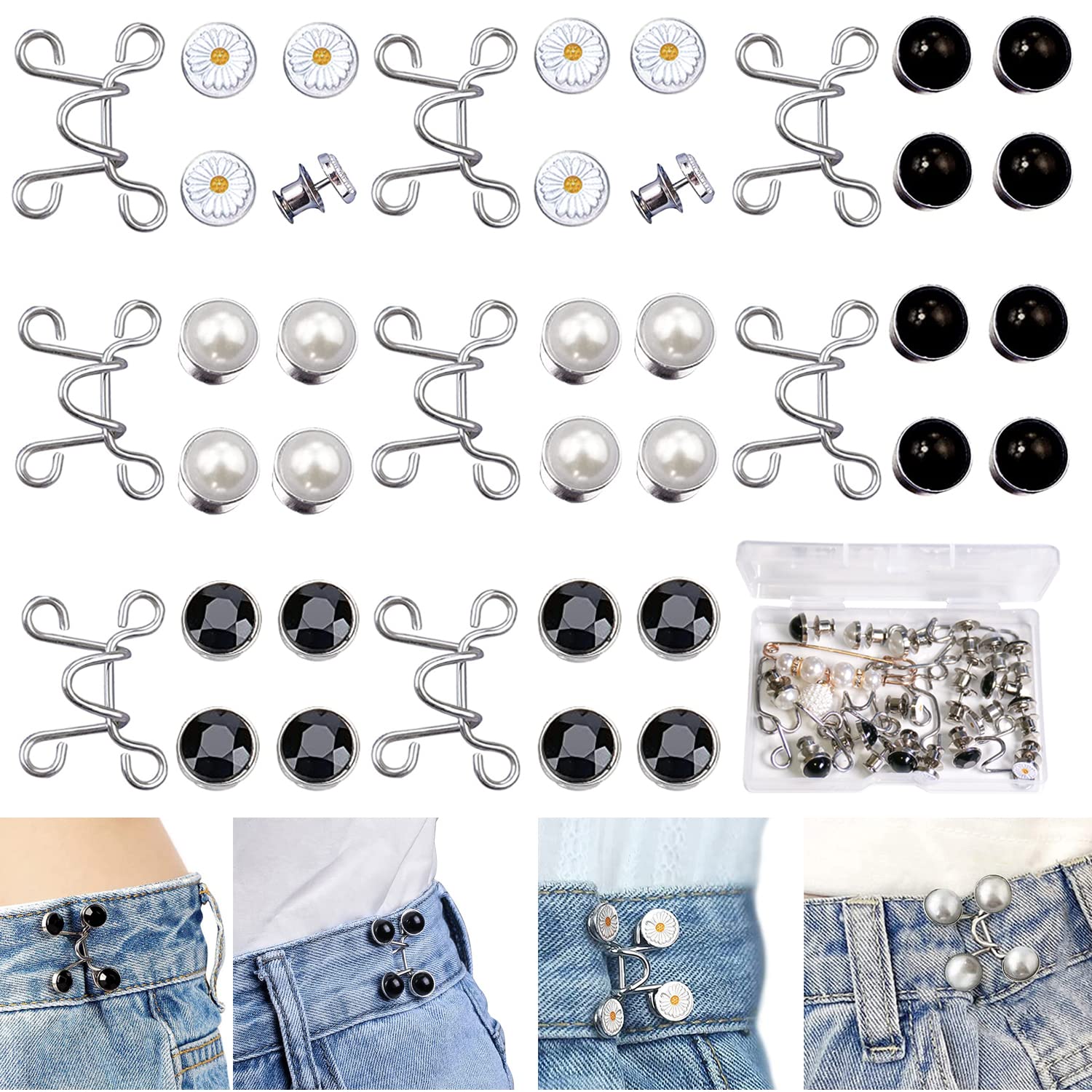 Jean Button Pins, Adjustable Jeans Button Set, Detachable Button for Jeans  Too Big, Waist Tightener Fastener for Pants, No Sewing Required (White)