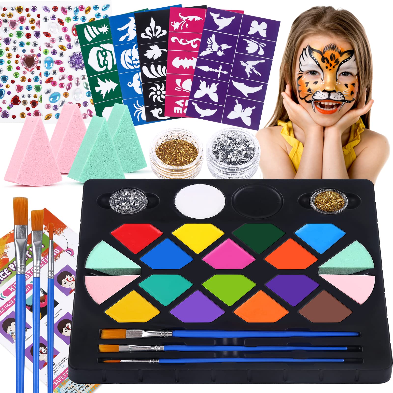 Wismee Face Painting Kit for For Kids Party - Non-Toxic One Stroke Rainbow  Face & Body Painting Kit with 40 Stencils, 11 Painting Brushes and 10