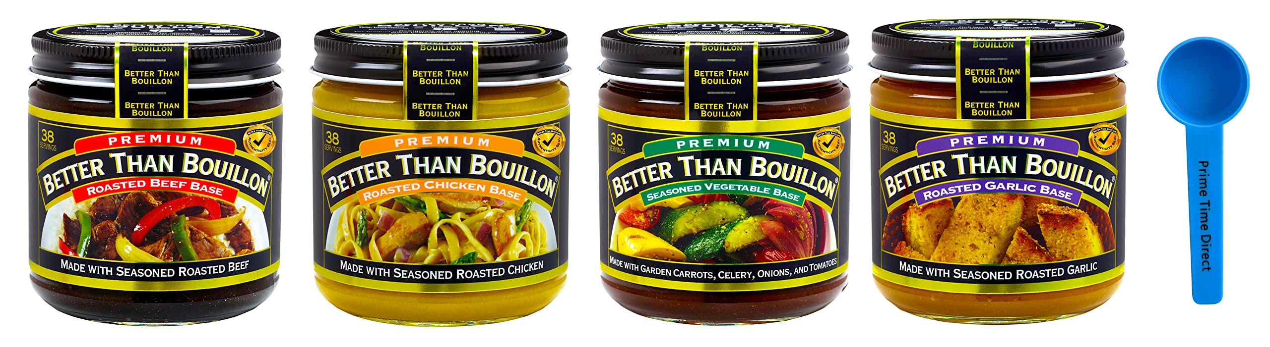 Better Than Bouillon Variety Pack: Roasted Beef, Roasted Chicken, Seasoned  Vegetable, Roasted Garlic Bases 8oz (1 Each, 4 Pack) Bundle with PrimeTime  Direct Teaspoon Scoop with BTB Authenticity Seal in a BTB Box