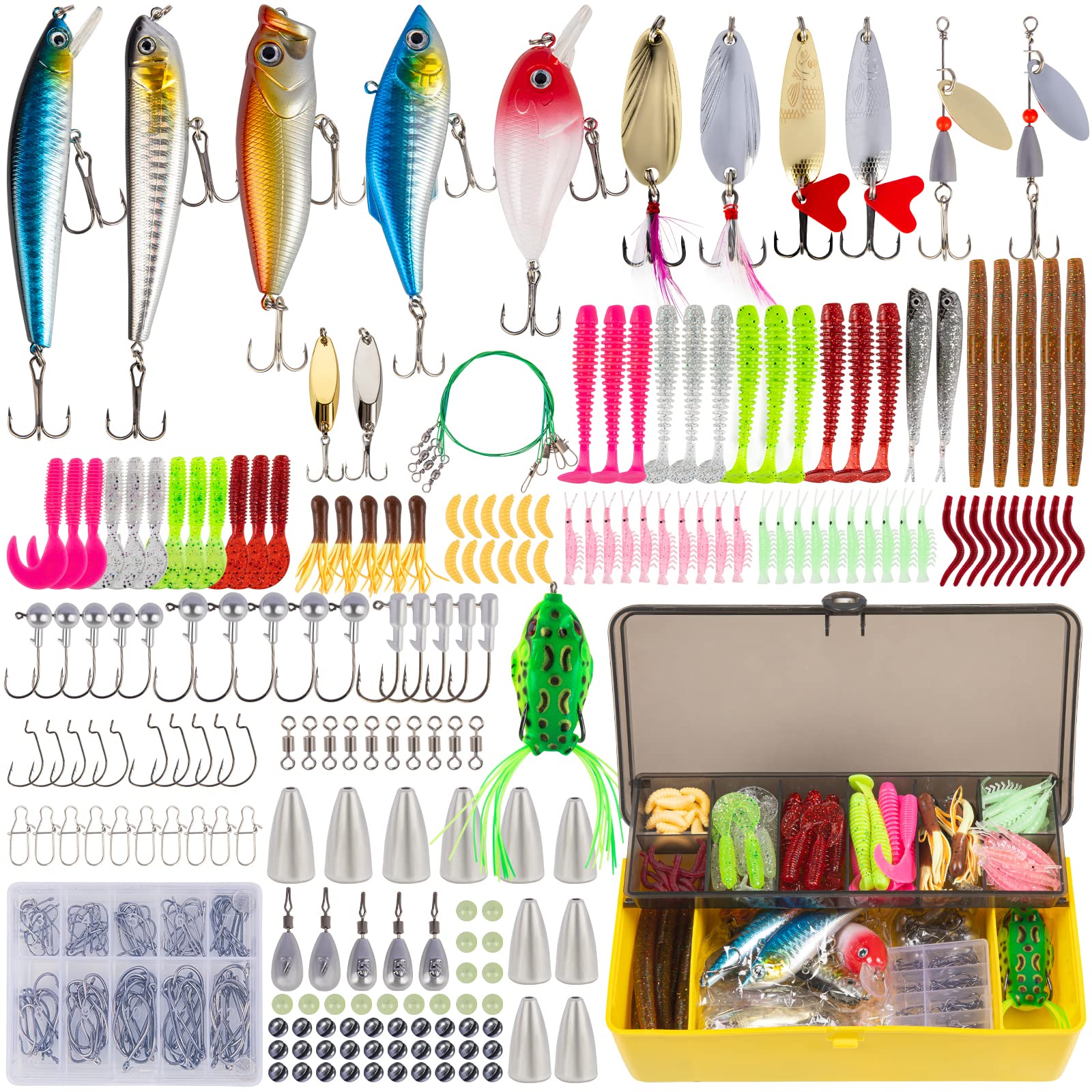 Shaddock Fishing Fishing Accessories Tackle Kit - 204pcs Fishing Worm Hooks  and Weights Kit Fishing Spoons Swivel Snaps for Bass Fishing Tackle Set