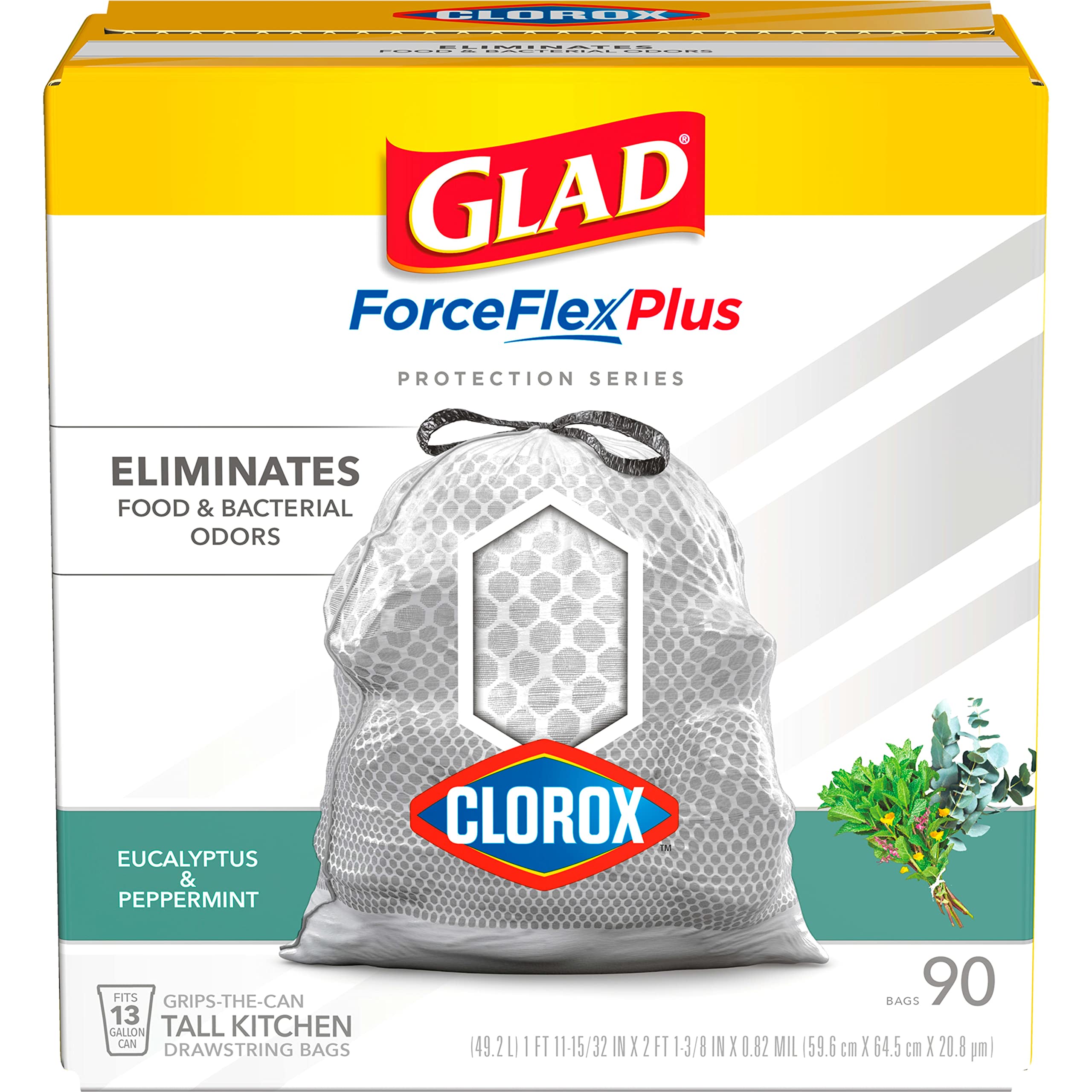 Glad Tall Kitchen Trash Bags ForceFlexPlus with Clorox, 13 Gallon