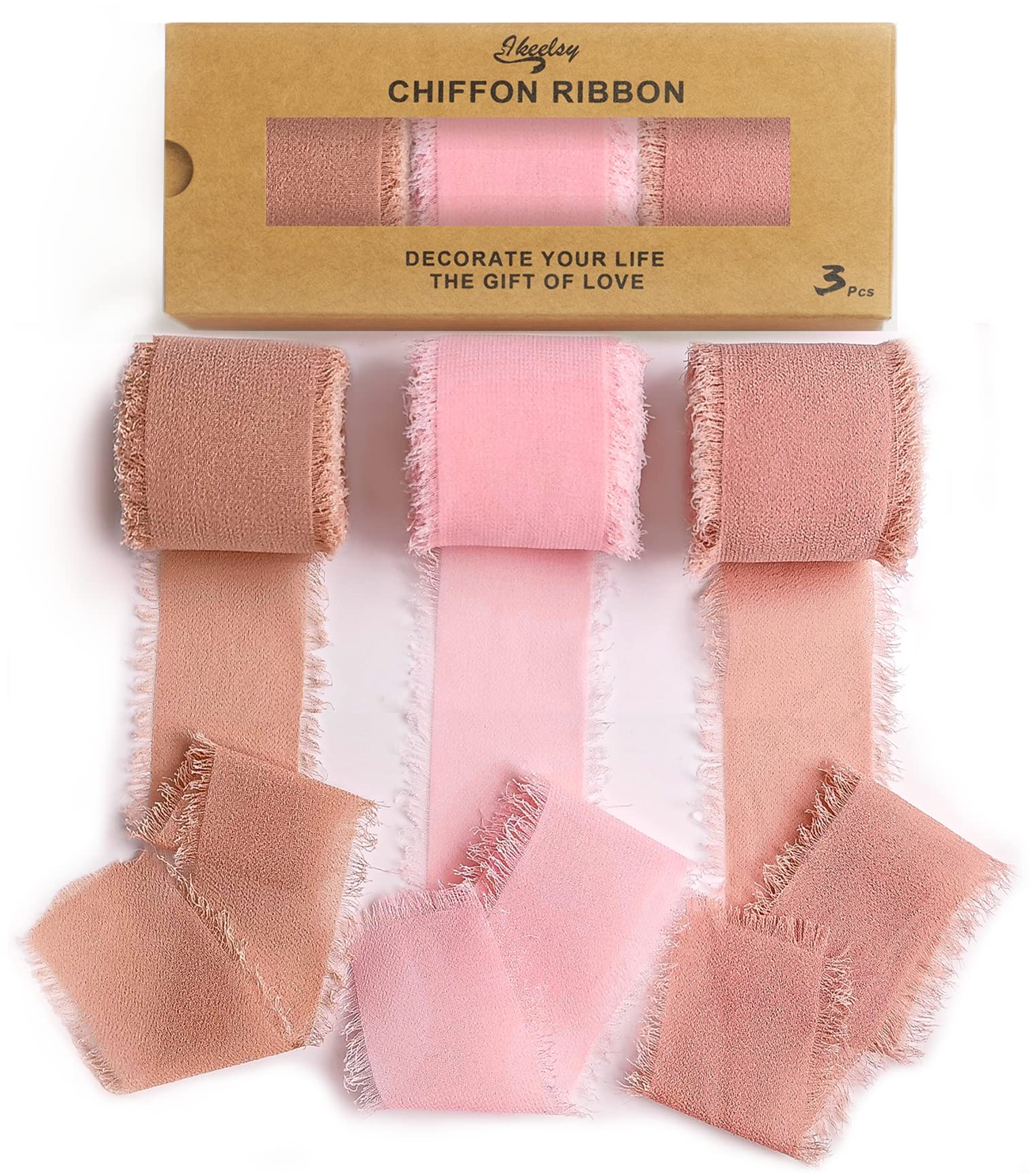 Chiffon Silk Ribbon for Gift Wrapping, Frayed Boho Ribbon for Wedding  Invitation Bridal Bouquet, Pink White Cream Ribbon 3 Rolls 1.5 Inch 7  Yards