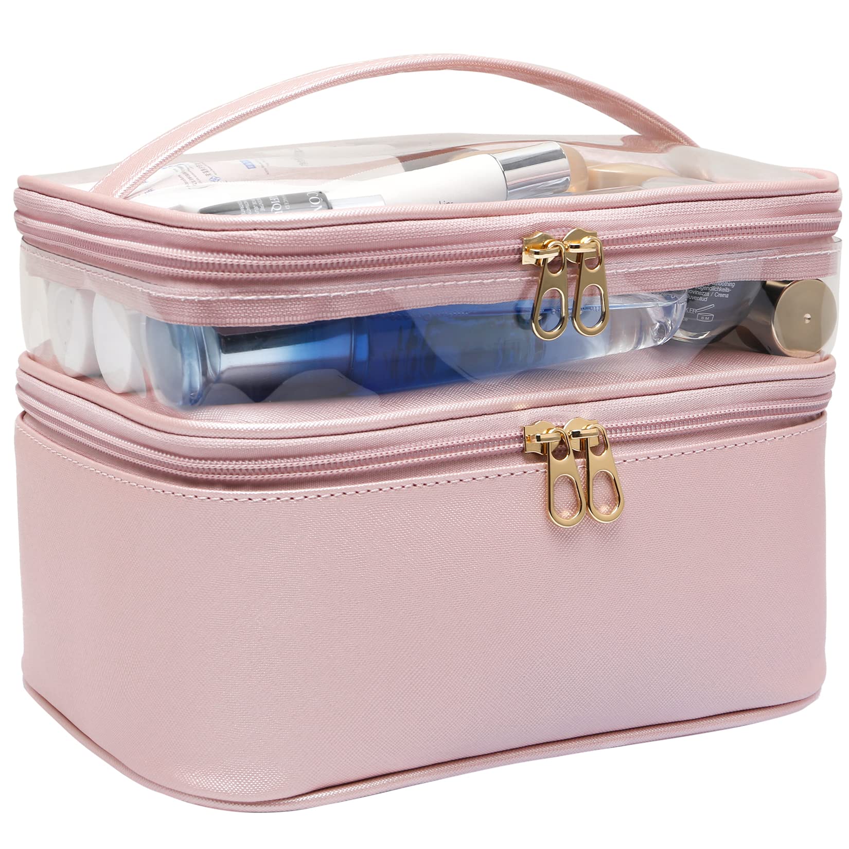 Makeup Bag Travel Cosmetic Bags for Women Girls 2-in-1 Zipper Pouch  Toiletry Bag Organizer Waterproof Cute (Pink)