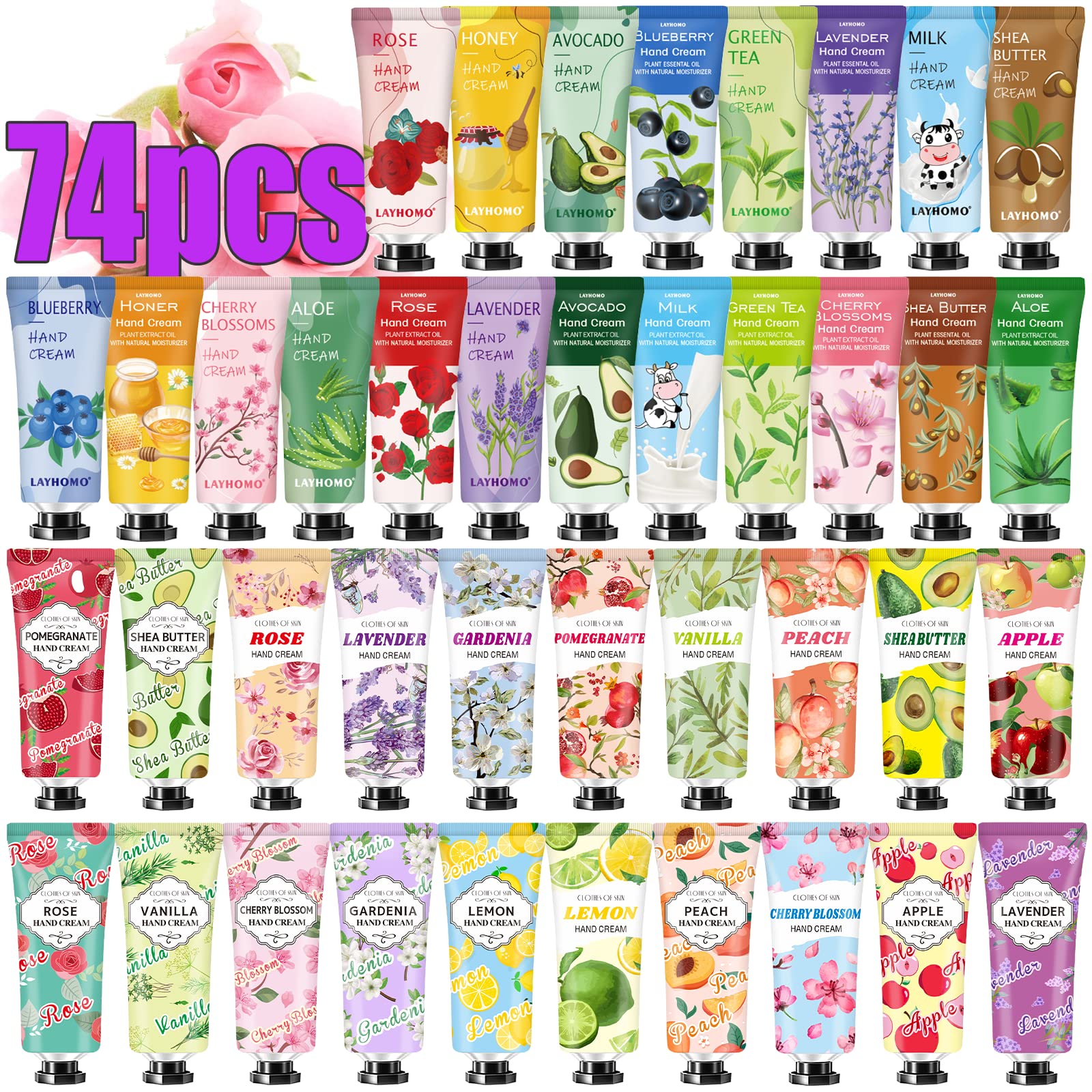 74 Pack Hand Cream Gift Set For Women and Girls Mothers Day Gifts For Her  Natural Plant Hand Lotion For Dry Hands Mini Hand Lotion Travel Size Bulk  Body Moisturizer with Shea