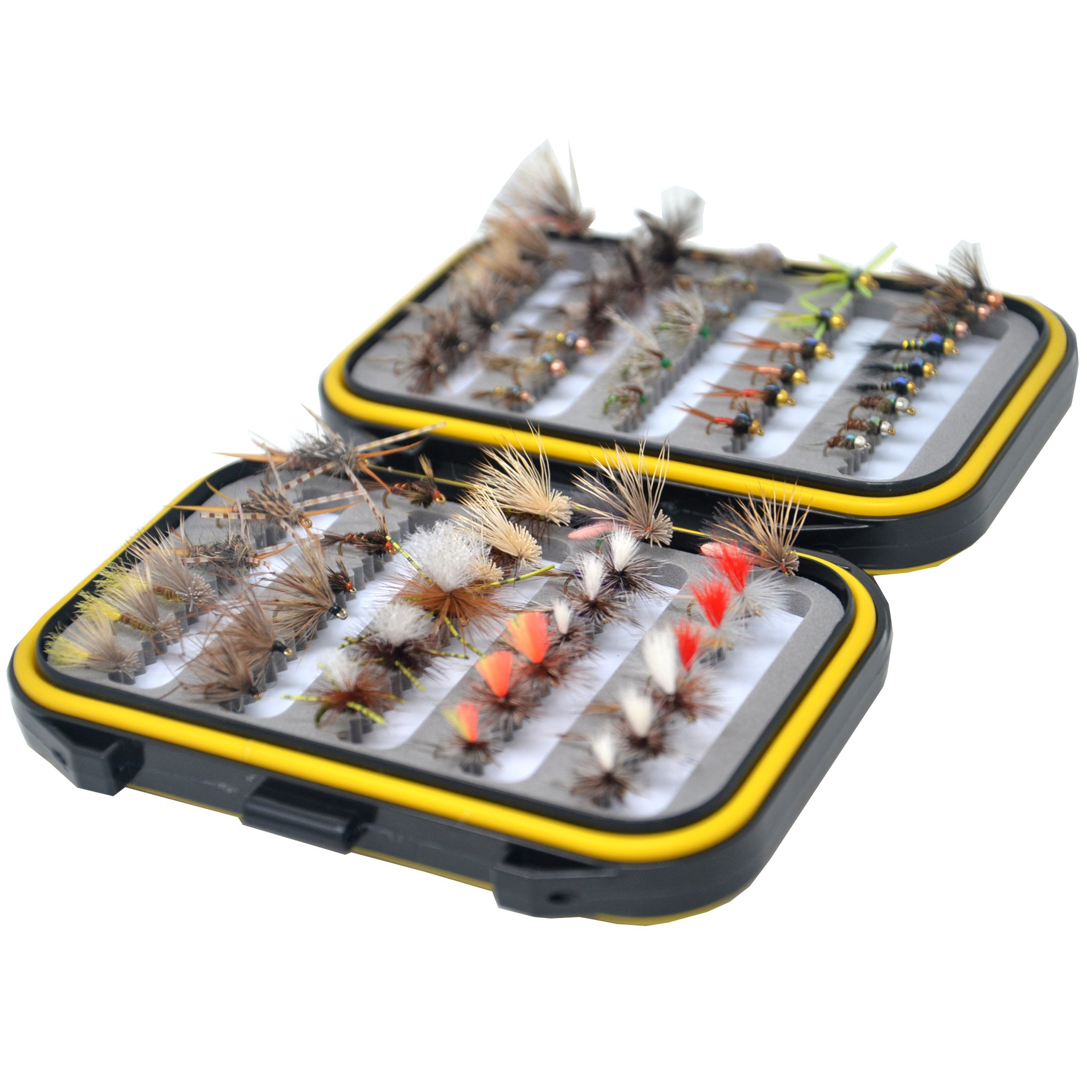 Outdoor Planet Assorted Trout Fly Fishing Lure Pack of 10/12/ 15/28/ 35/48 /66 Pieces Fly Lure + Double Side Waterproof Pocketed Fly Box
