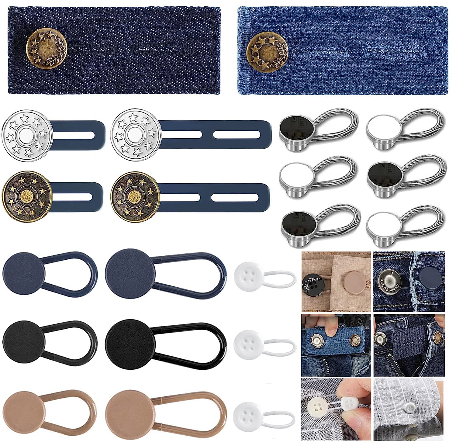 16pcs Button Extenders for Jeans, Elastic Collar Neck Extenders,No Sewing Adjustable Waistband Extender Button for Women and Men's Pants Jeans Dress