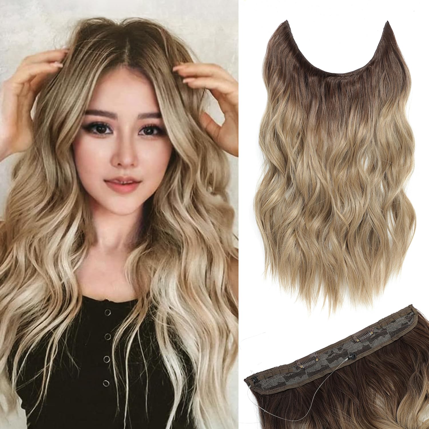 Long Wavy Invisible Wire Hair Extensions Synthetic Hairpiece With  Transparent Wire Adjustable Size,2 Secure Clips Light Ash Brown With Blonde  Highlights Hair Extension For Women