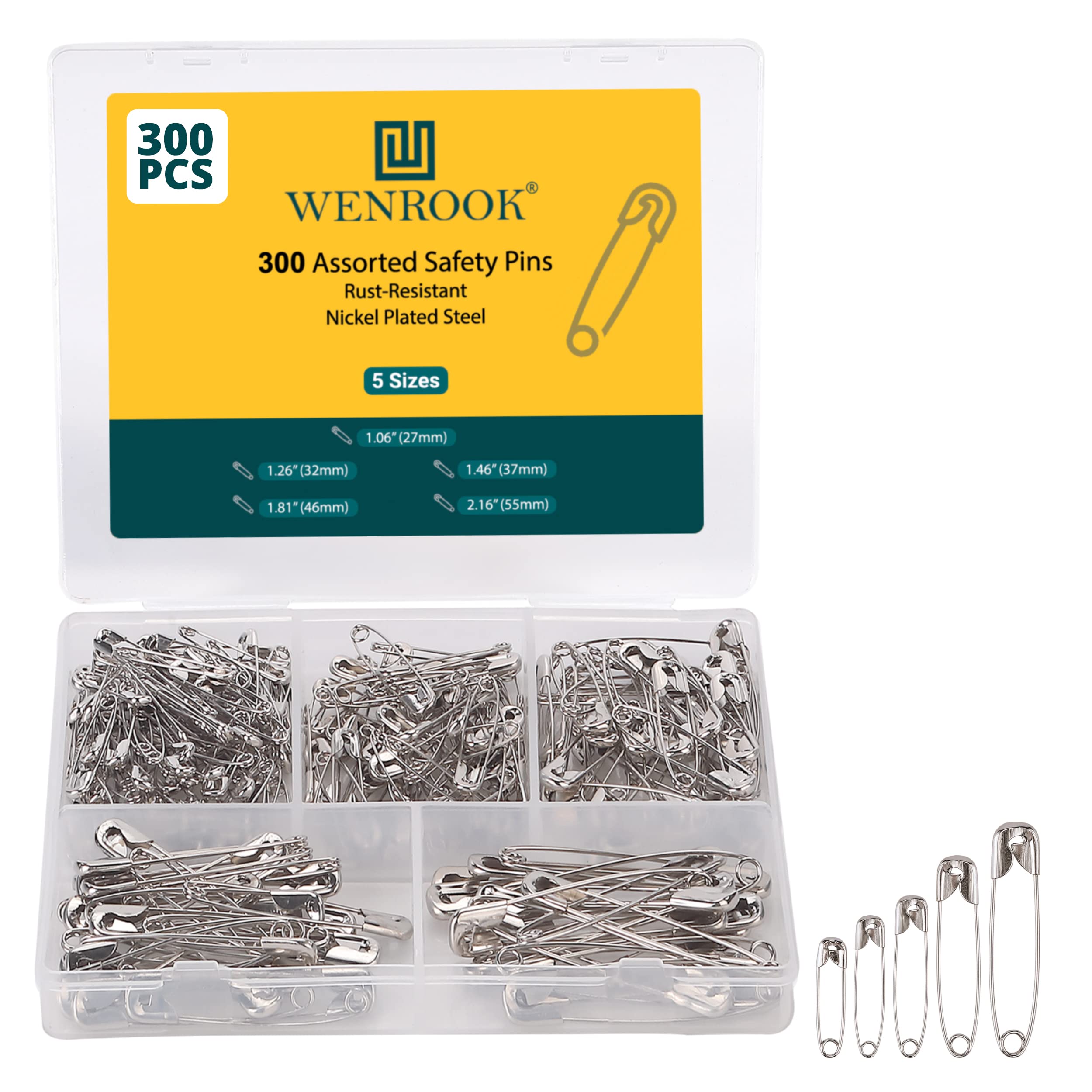 Wenrook Safety Pins Assorted 300 Pack Strong Nickel Plated Steel 5