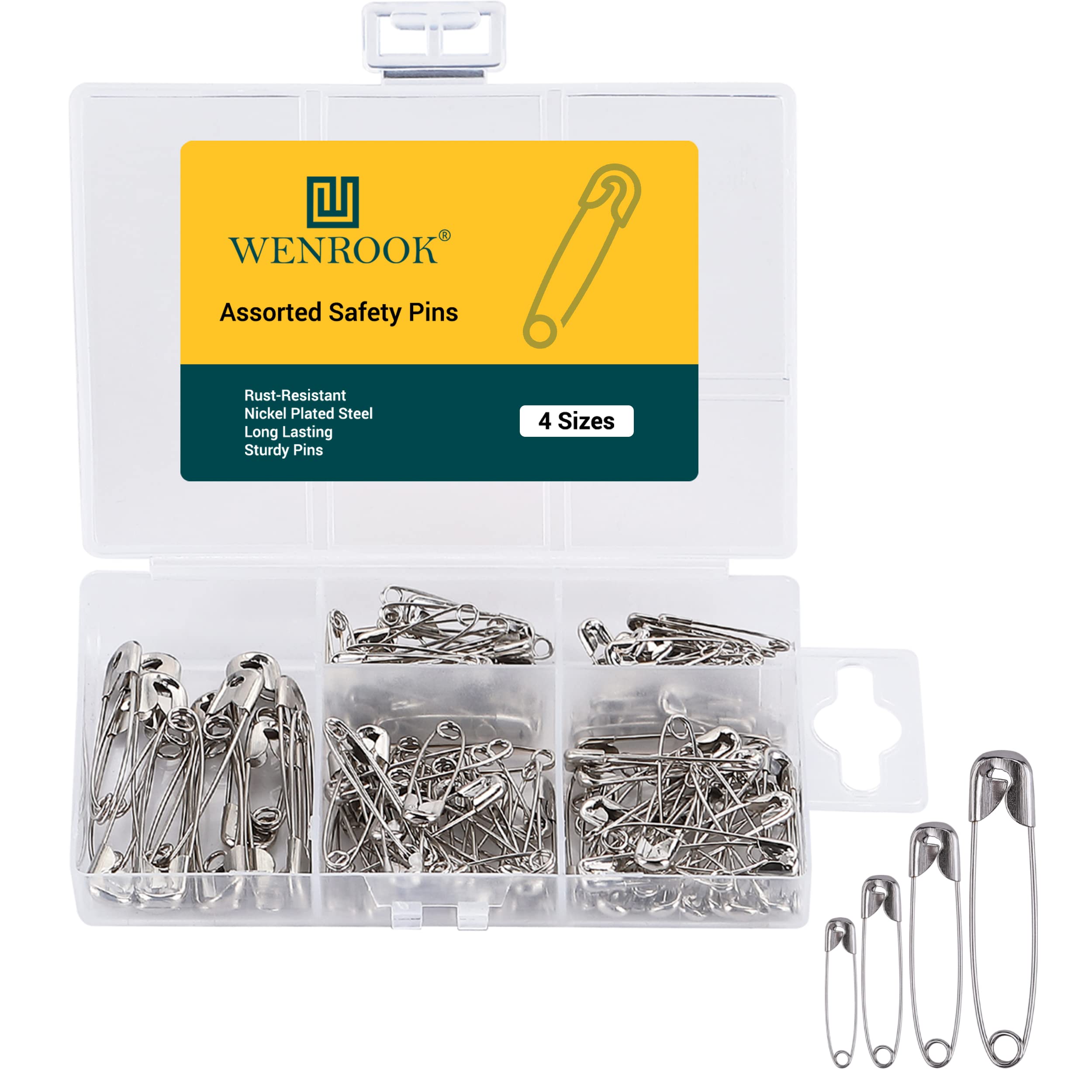 Wenrook Safety Pins Assorted 4-Size Pack of 150 - Strong Nickel
