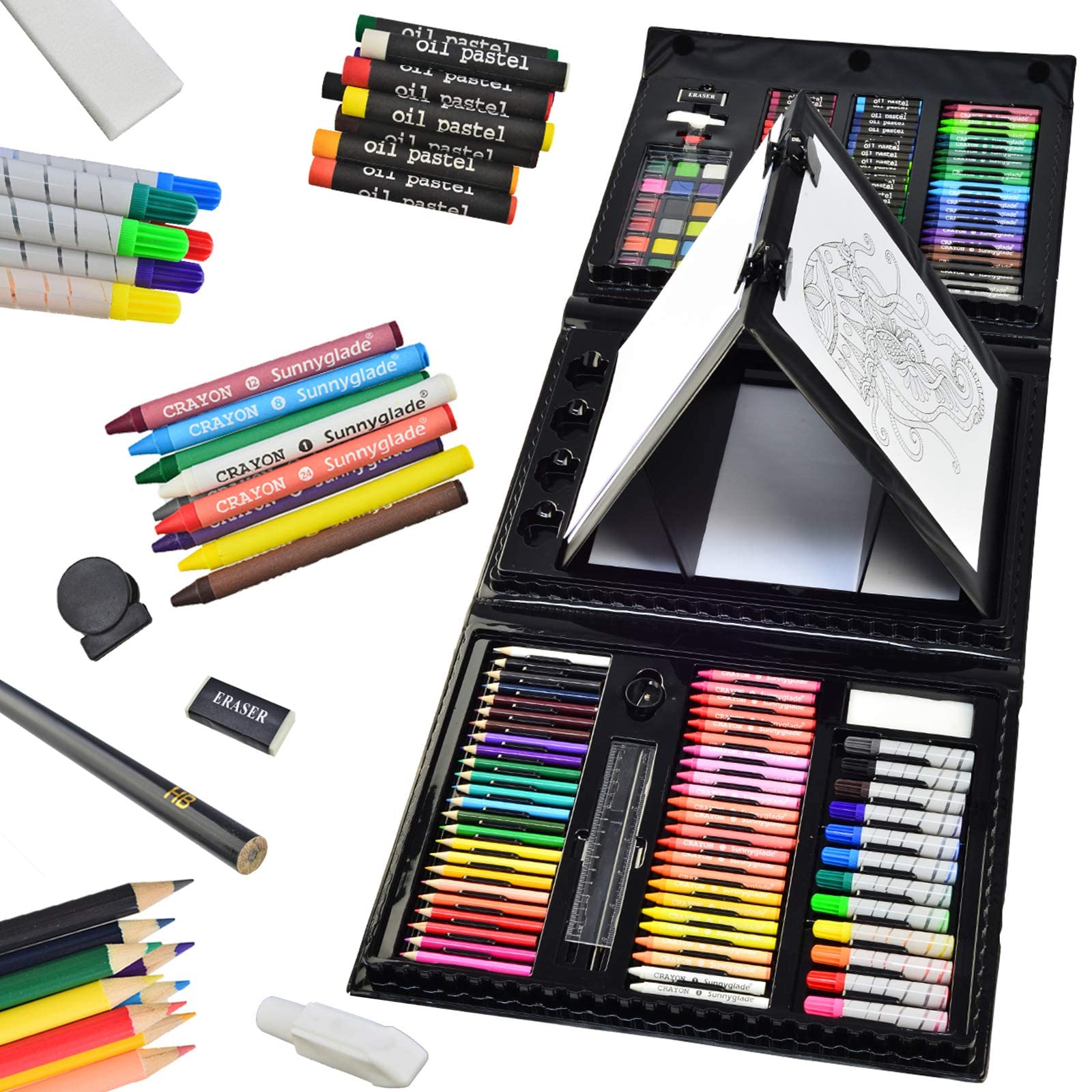 Sunnyglade 185 Pieces Double Sided Trifold Easel Art Set Drawing Art Box  with Oil Pastels Crayons Colored Pencils Markers Paint Brush Watercolor  Cakes Sketch Pad multi-color
