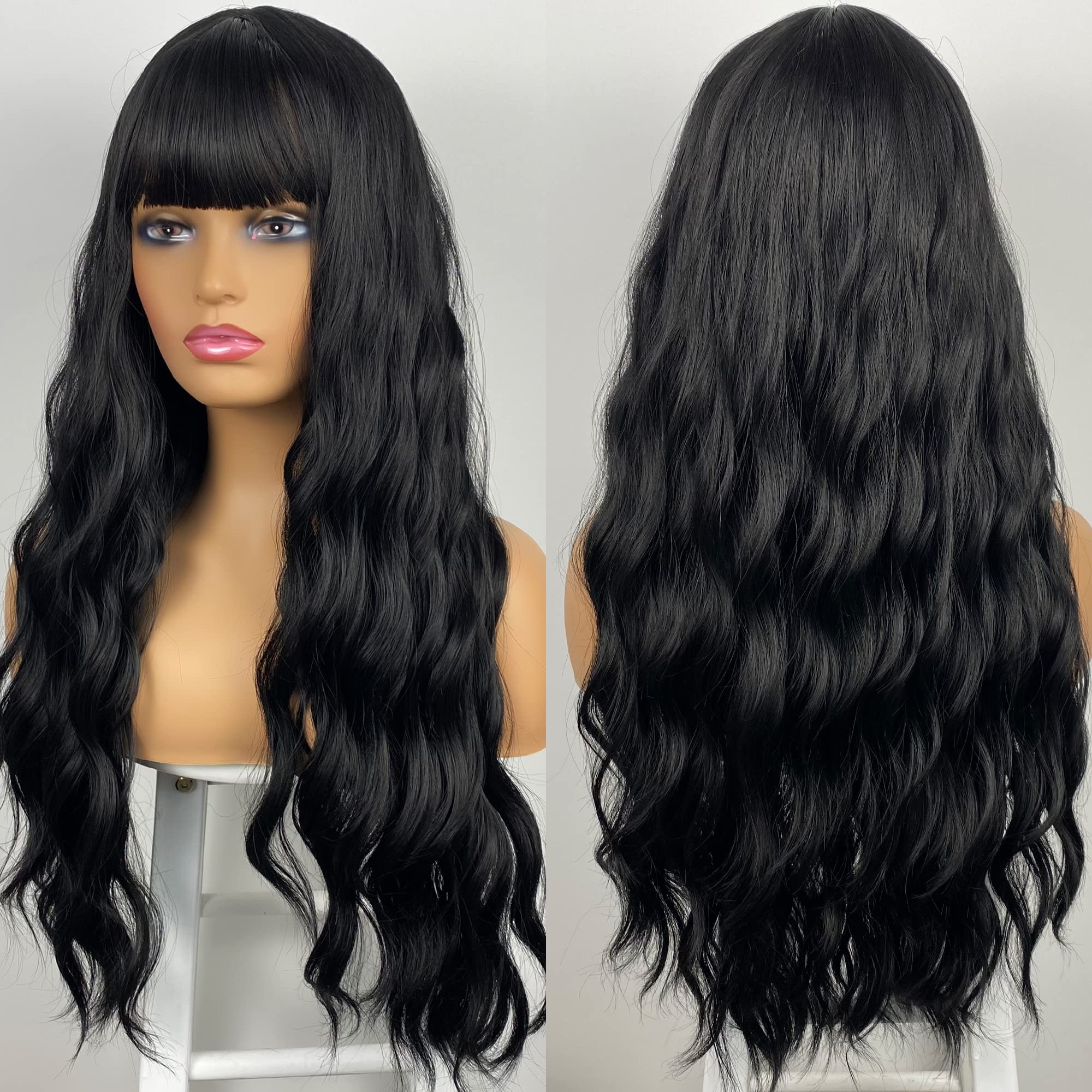 MIMISERVICE Long Wig with Bangs Long Wavy Black Wigs for Women