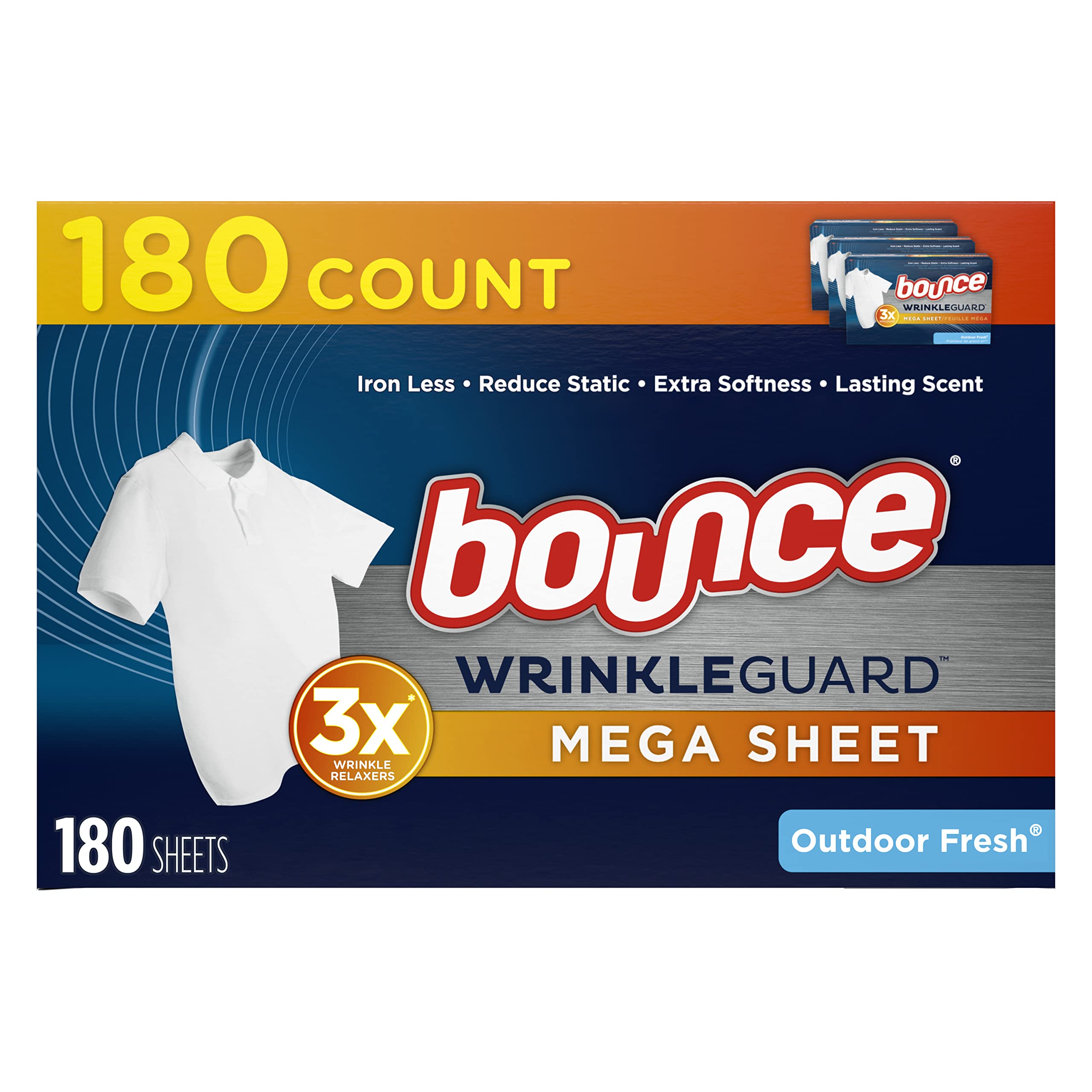 Bounce WrinkleGuard Mega Dryer Sheets 180 Count Wrinkle Release