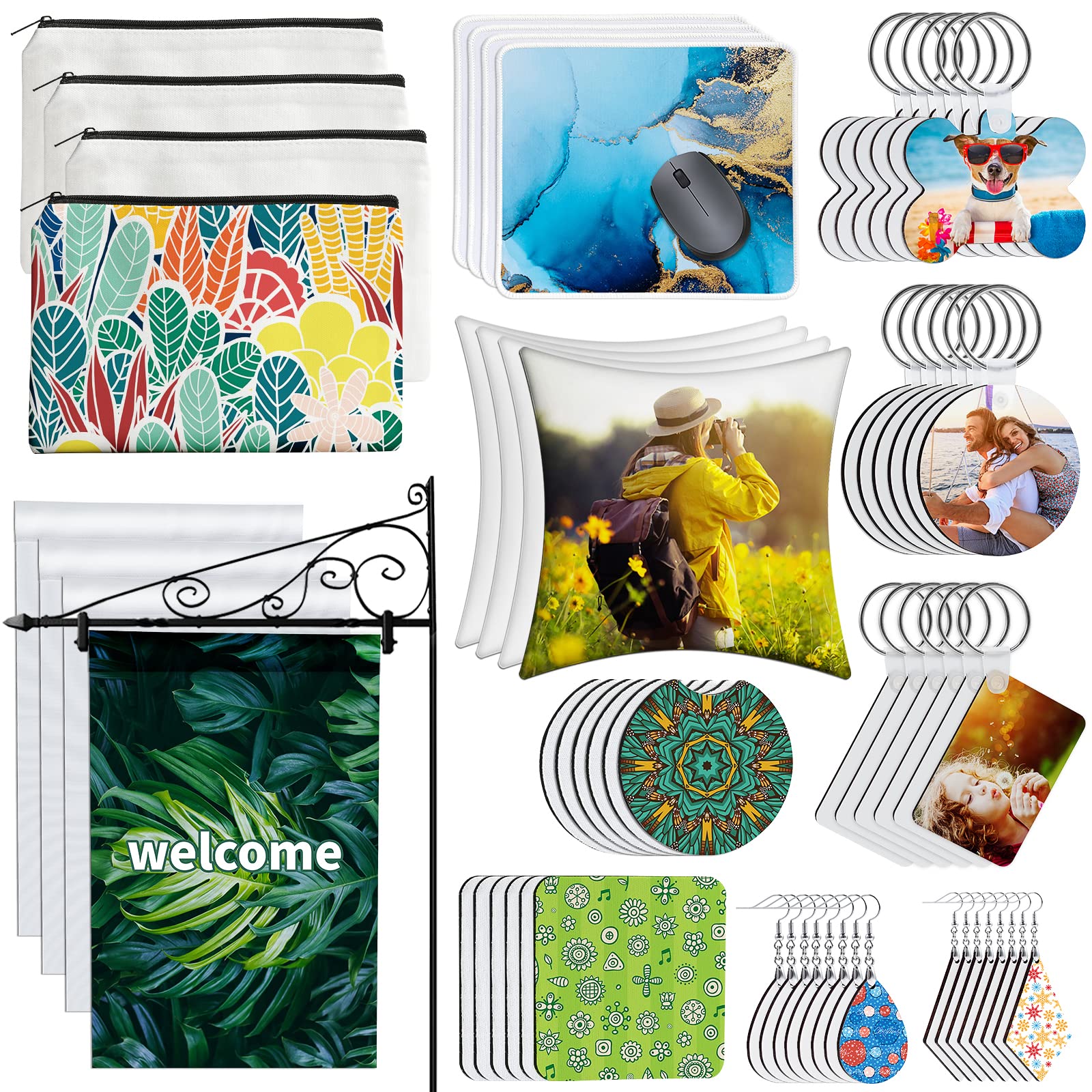 114Pcs Sublimation Blanks Products, Sublimation Blanks Set Including DIY  Blank Makeup Bag, Keychain, Earring, Pillow Cover, Mouse Pad, Coaster,  Garden Flag for Sublimation Transfer Mother's Day Gifts