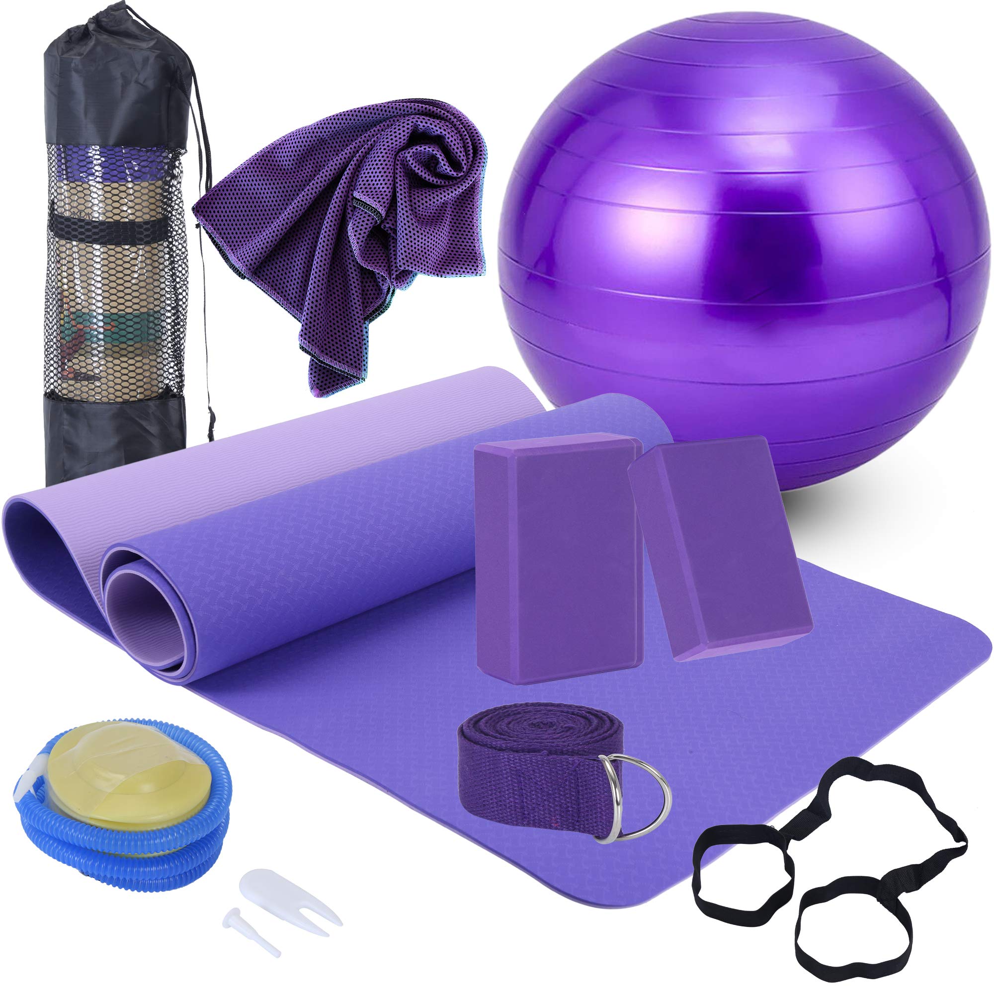 AJIEVWU Yoga Beginners Kit Yoga Blocks 2 Pack Yoga Strap Yoga Ball
