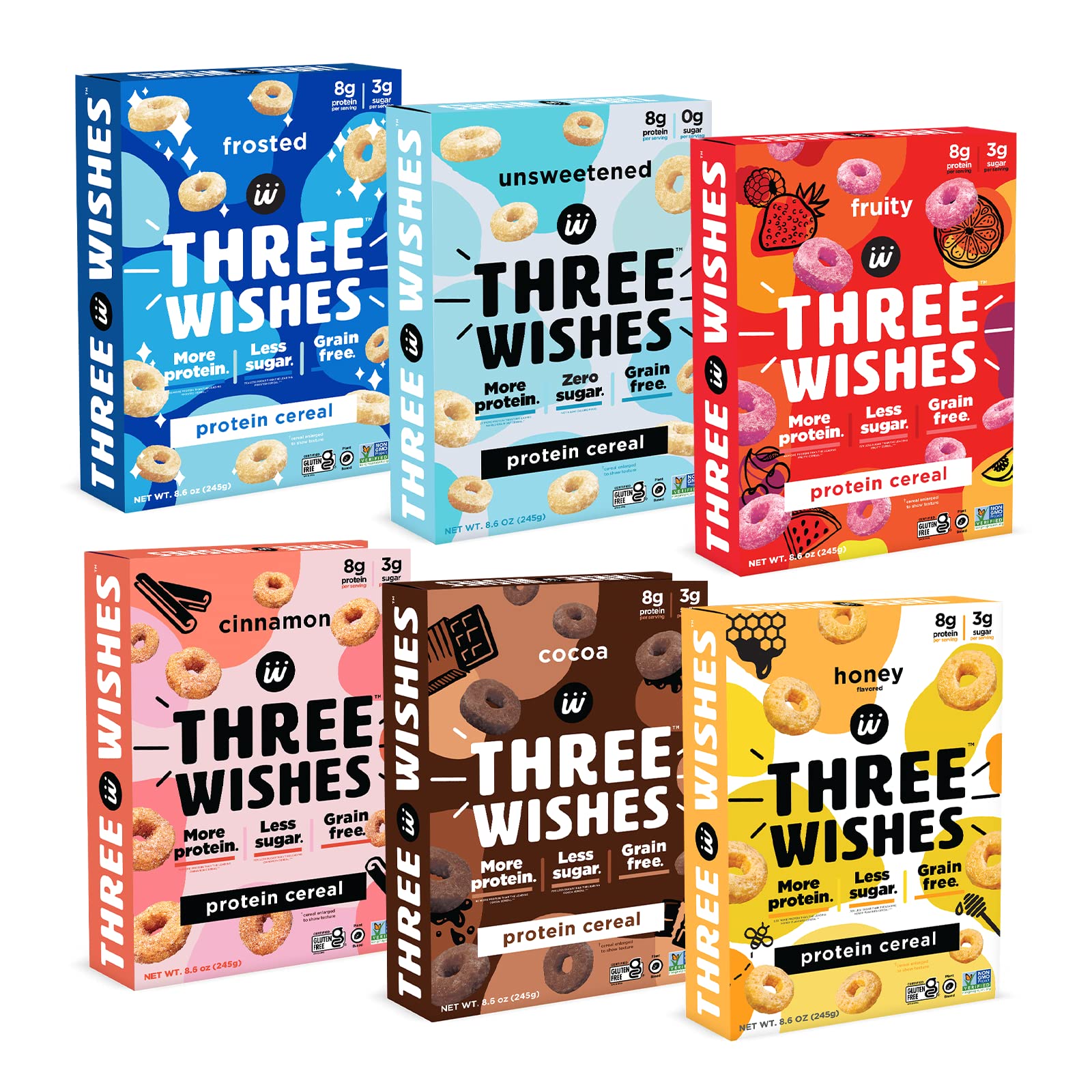 Protein and Gluten-Free Breakfast Cereal by Three Wishes - Fruity 6 Pack - High Protein and Low Sugar Snack - Vegan Kosher Grain-Free and Dairy-Free