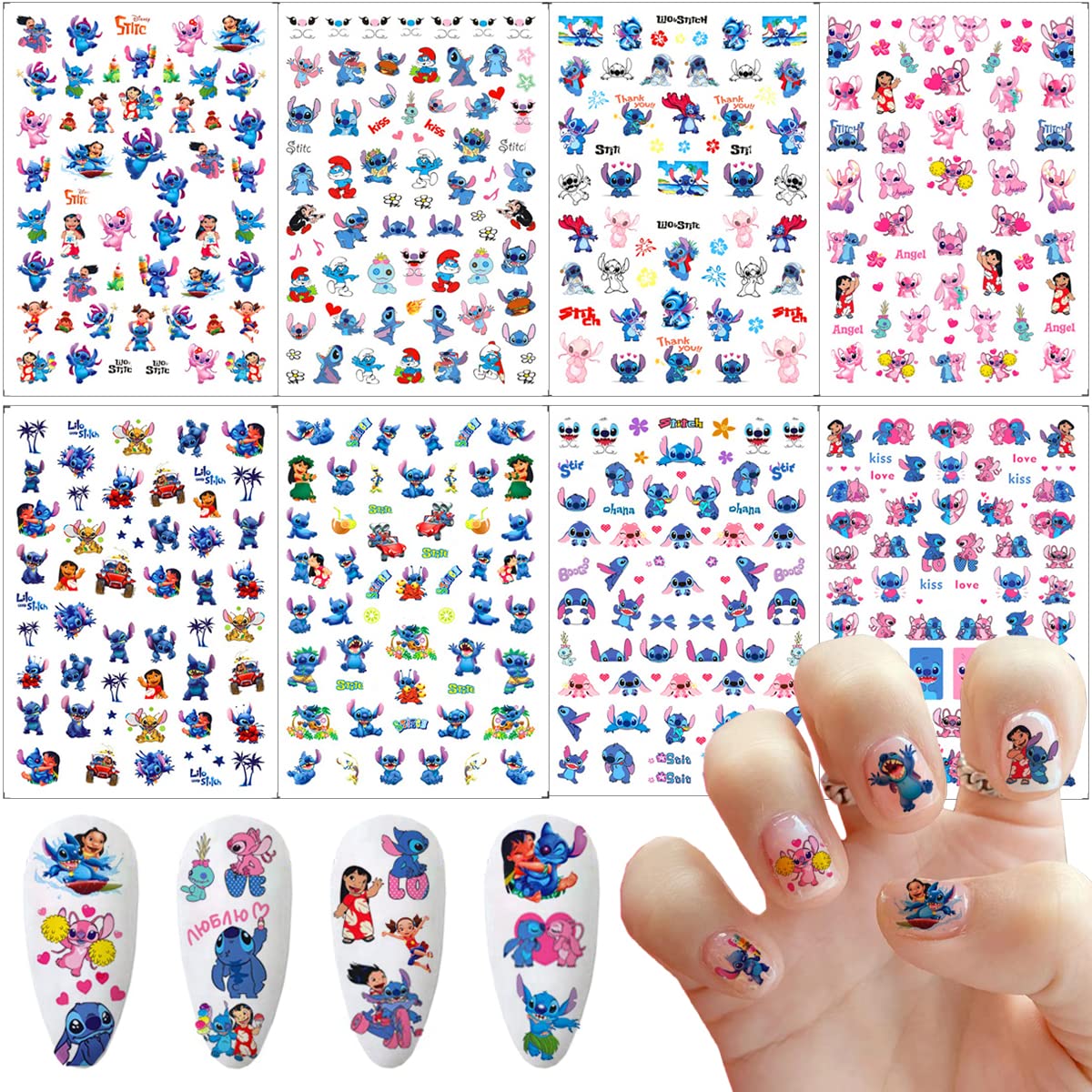6 Sheets Lilo and Stitch Nail Art Stickers Decals 6 Sheets Cute Nail  Stickers 3D Self