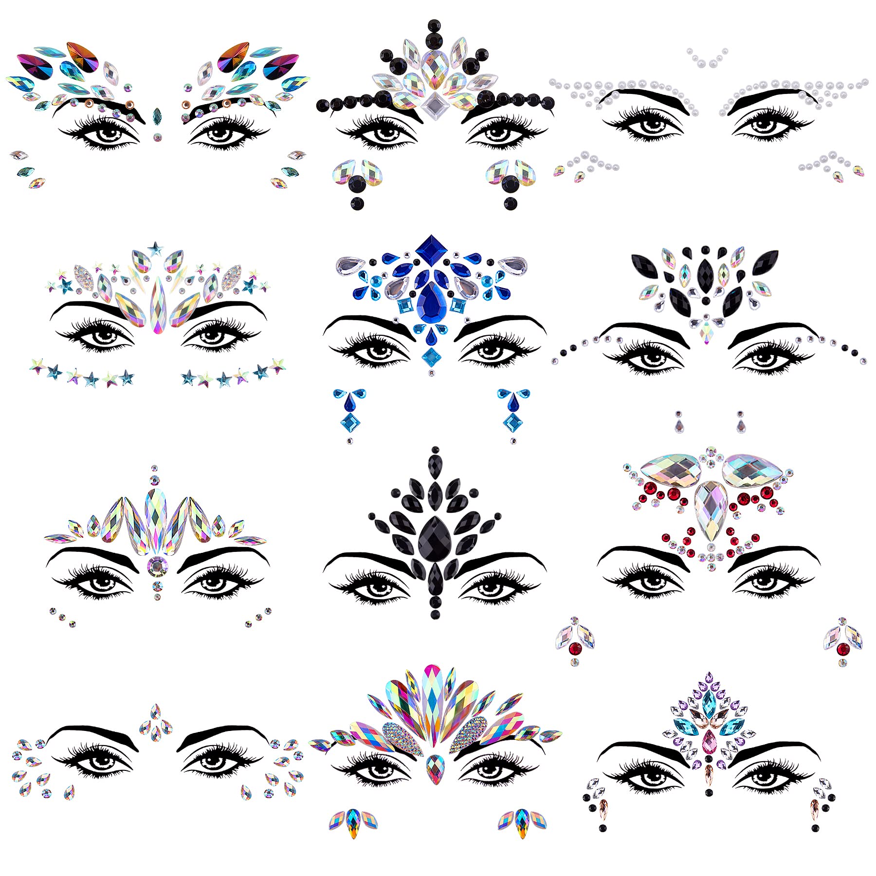Duufin 12 Sets Rave Jewels Face Body Jewel Stickers Mermaid Face