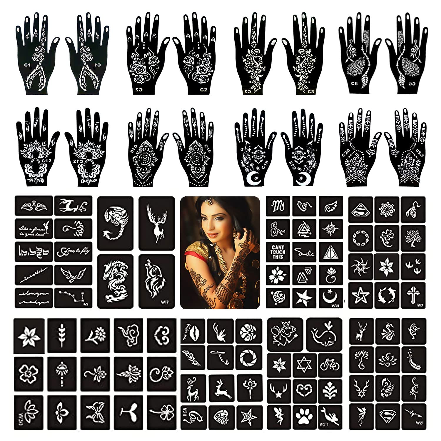 Stencils for Henna Tattoos/Temporary Tattoo Temples Set of 20 Sheets,Indian  Arabian Tattoo Stickers for Hands Arms Shoulders Legs : Amazon.in: Beauty