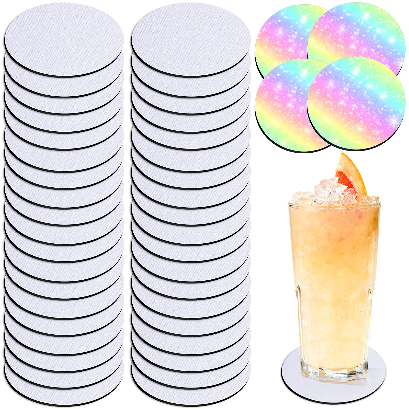 50 Pieces Sublimation Coasters Blanks, 4 Inches Round Sublimation Blank Cup  Mat Sublimation Heat Press Transfer Cup Coaster, Rubber Coaster