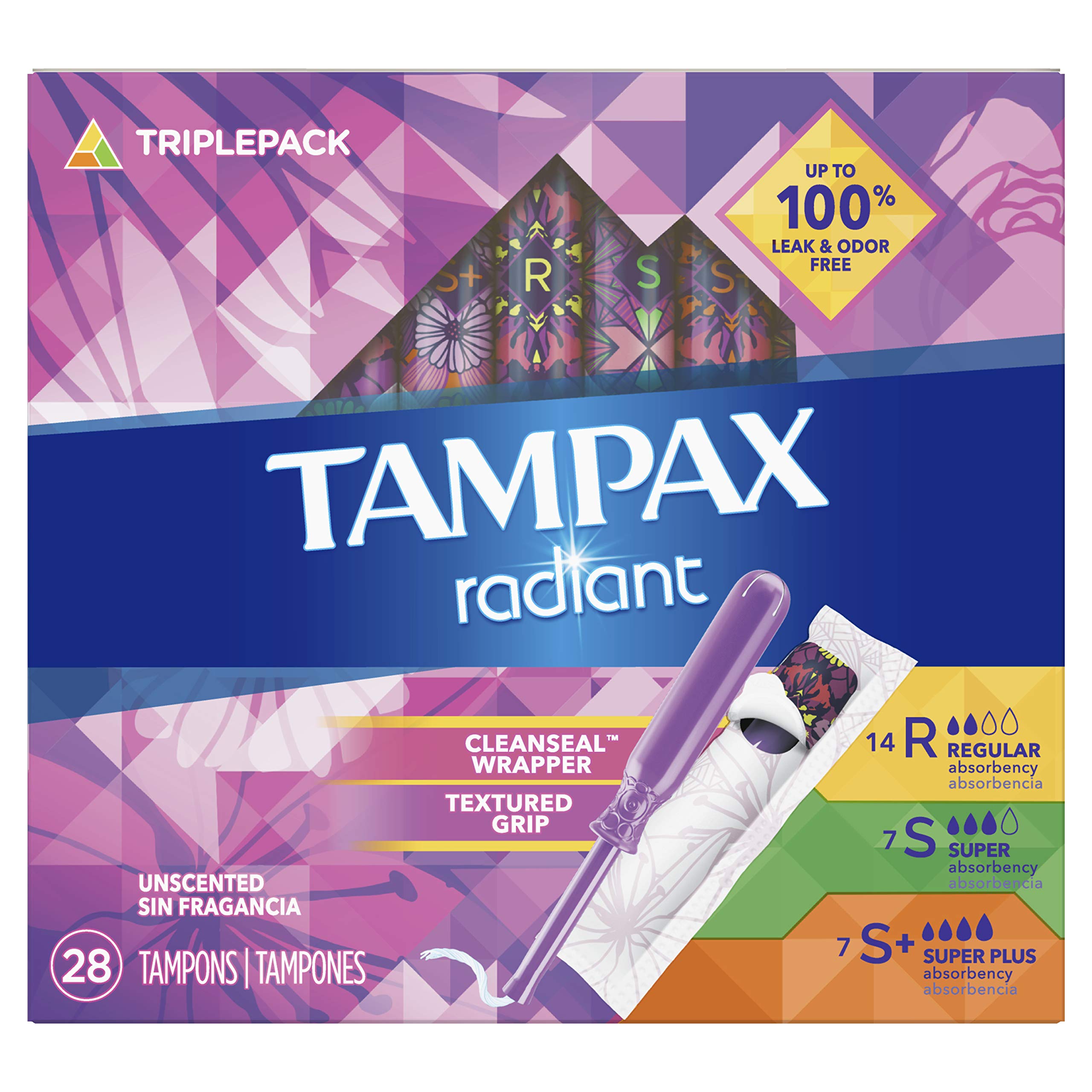 Tampax Radiant Tampons Trio Pack Regular/Super/Super Plus Absorbency  Unscented 28 Count