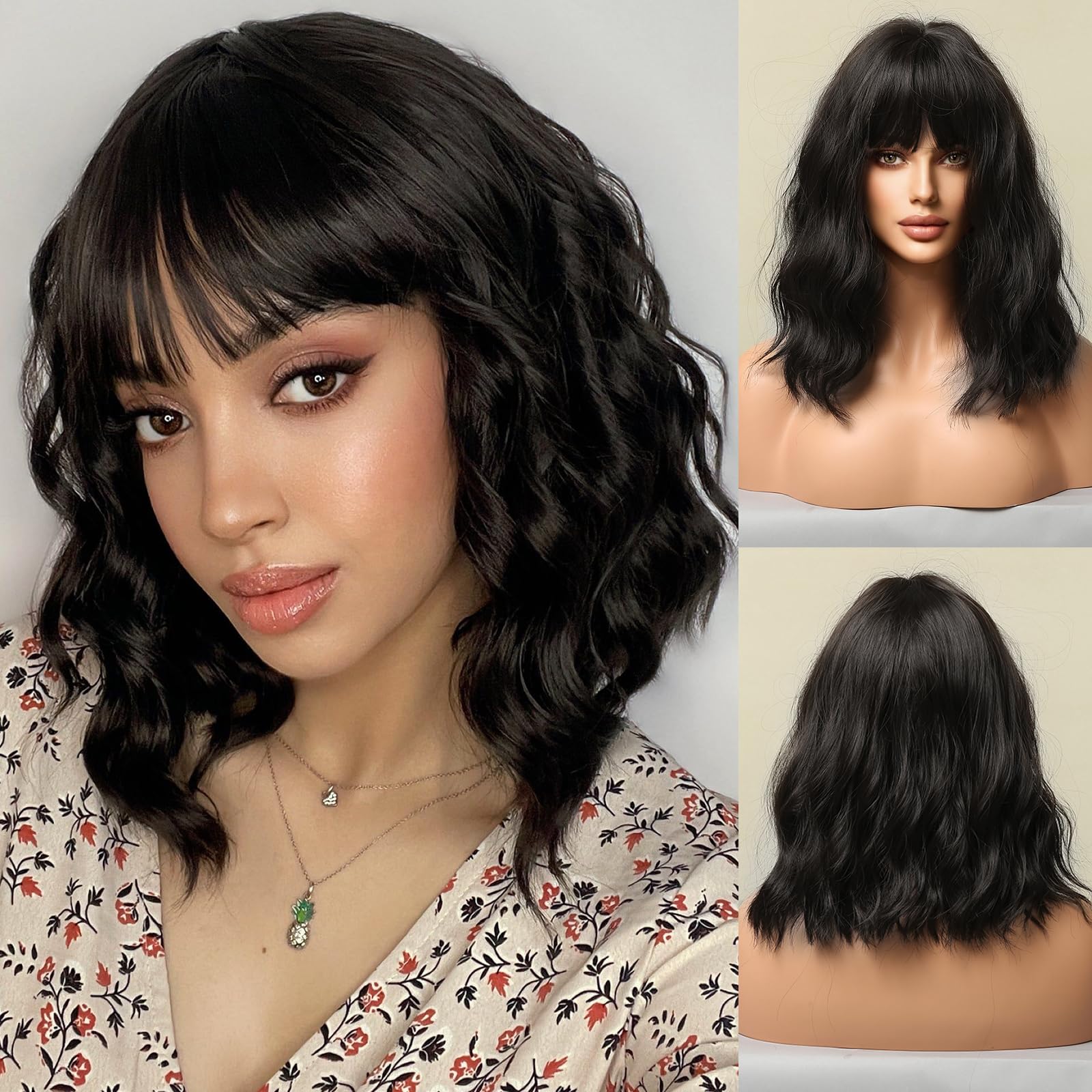 Kellynee Black Curly Bob Wig with Bangs Chic and Versatile