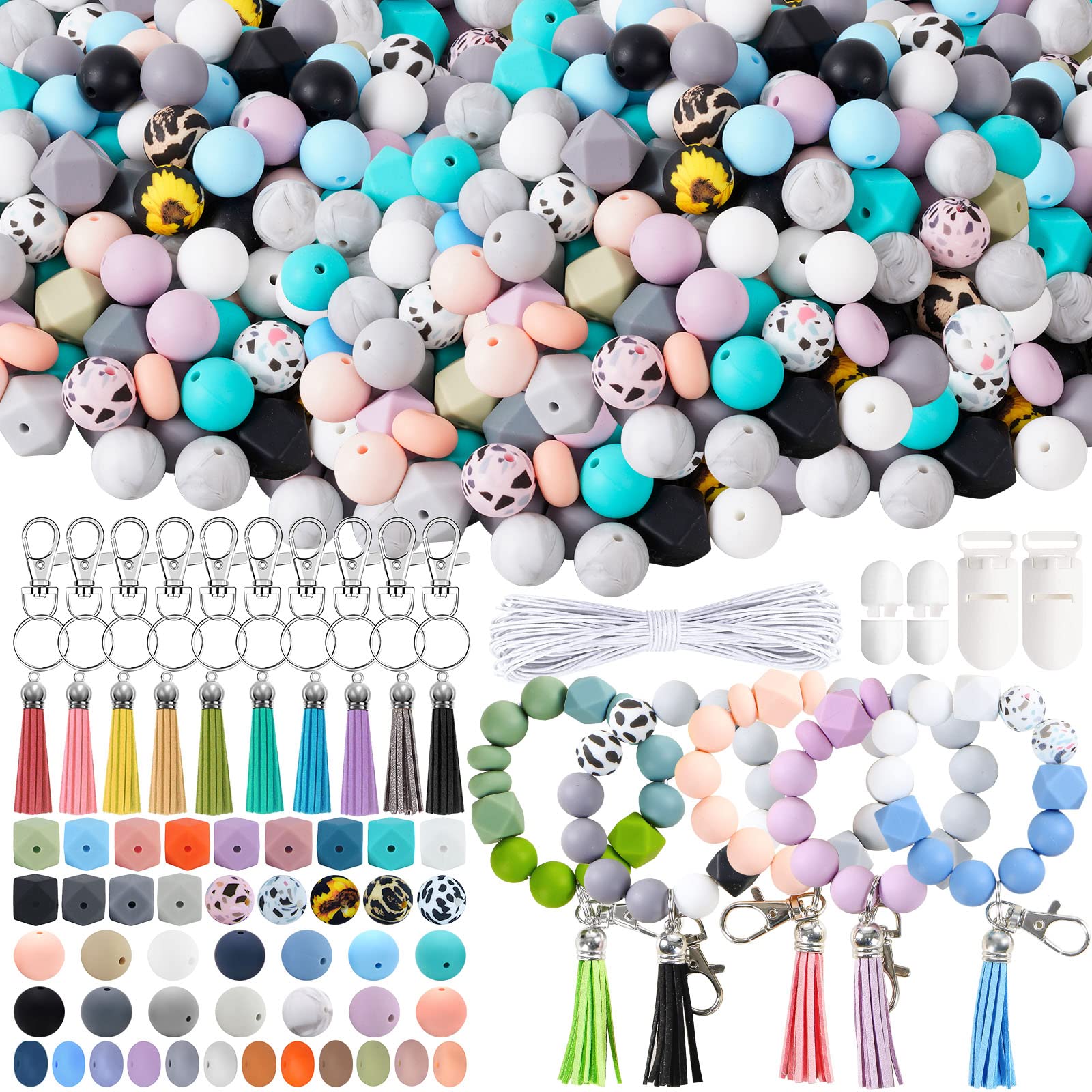 Tsinlan.ayn 15mm Silicone Beads Kit for Keychain Making, 229 Pcs Bulk  Assorted Silicone Beaded Set with Box for Necklace Bracelet Pen Pacifier  Clips