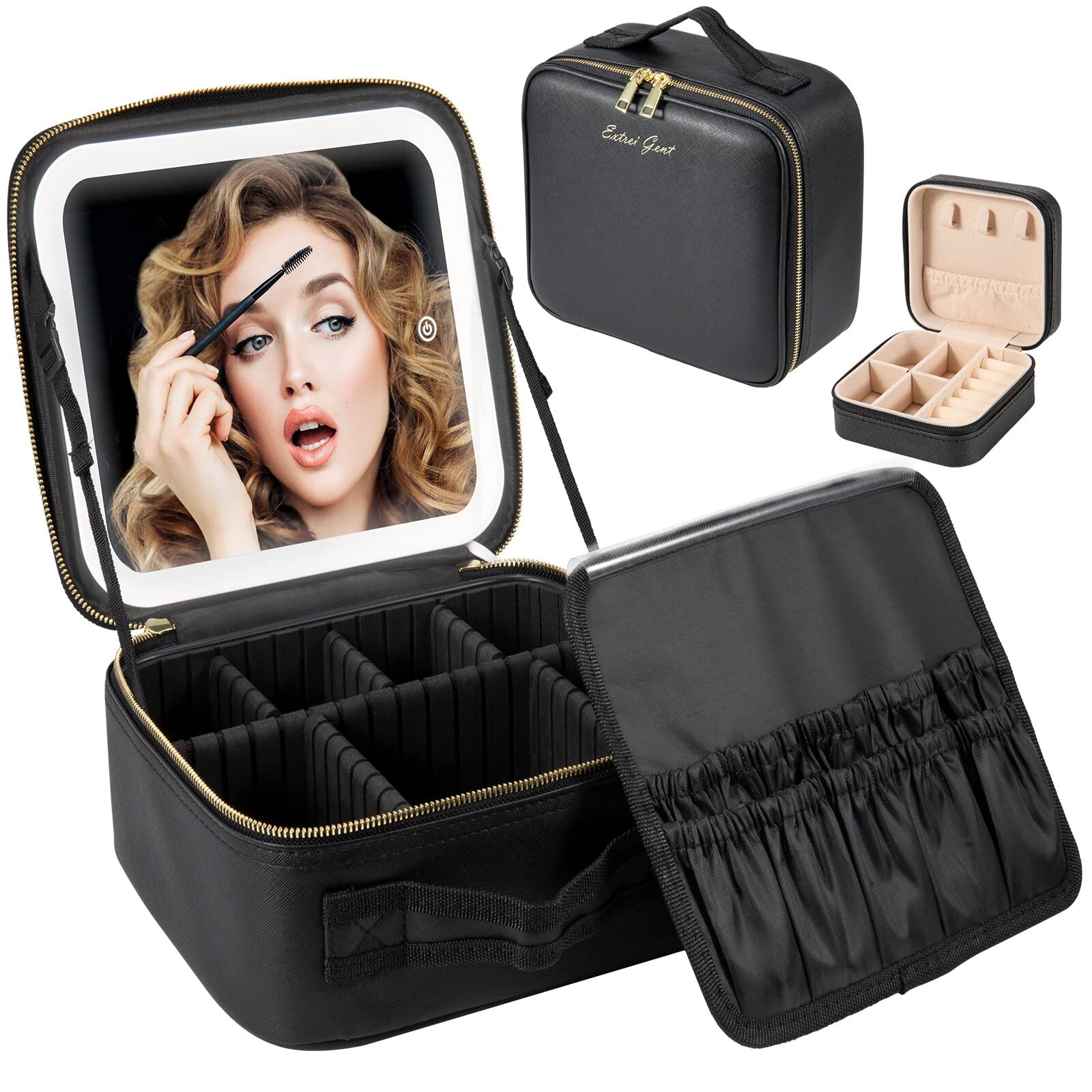  Extrei Gent Makeup Travel Train Case with Mirror LED Light 3  Adjustable Brightness Cosmetic Bag Portable Storage Adjustable Partition  Waterproof Brushes Makeup Jewelry Gift for Women, Black : Beauty & Personal