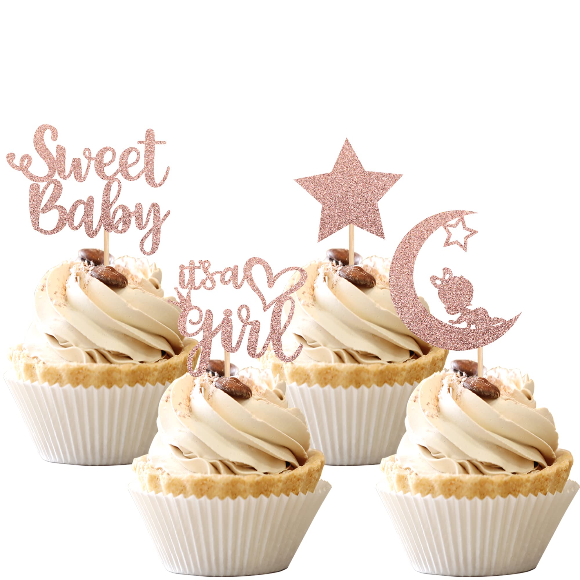 36 PCS Baby Shower Girl Cupcake Toppers with Moon Glitter Star It's a Girl  Sweet Baby
