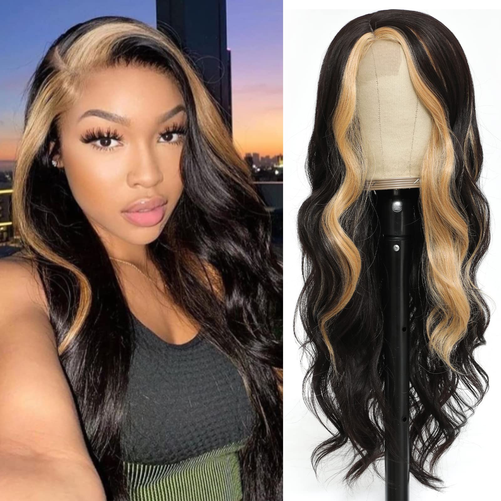 meiliprotea 26 Skunk Stripe Body Wave Long Wavy Synthetic Hair Wig