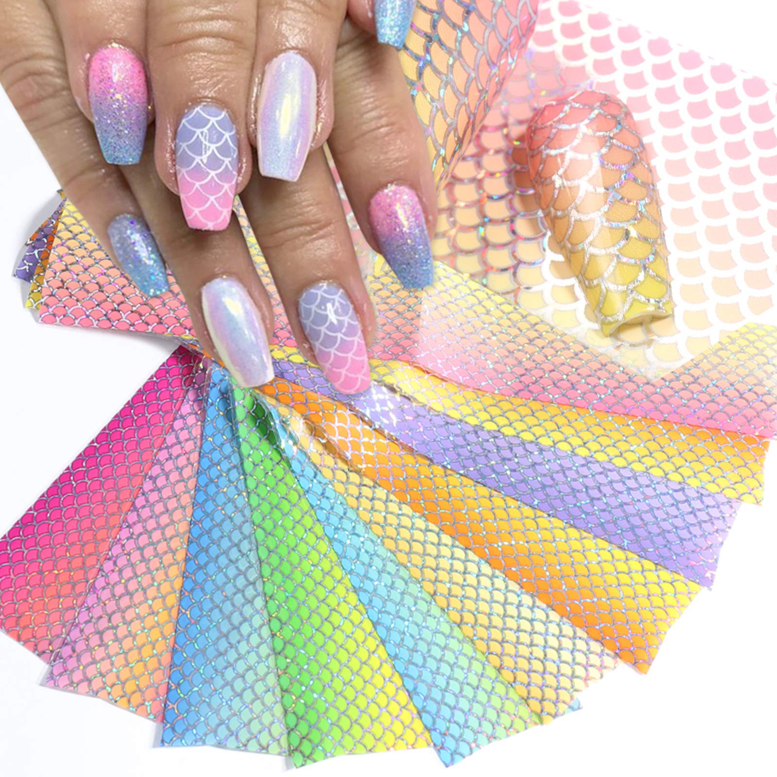 Kalolary 10 Sheets Mermaid Nail Foil Transfer Stickers, Holographic  Gradient Iridescent Nail Decals Laser Fish Scales Starry Sky Nail Transfer  Glitters Stickers for Women Girls DIY Nail Decoration 10 Count (Pack of 1)